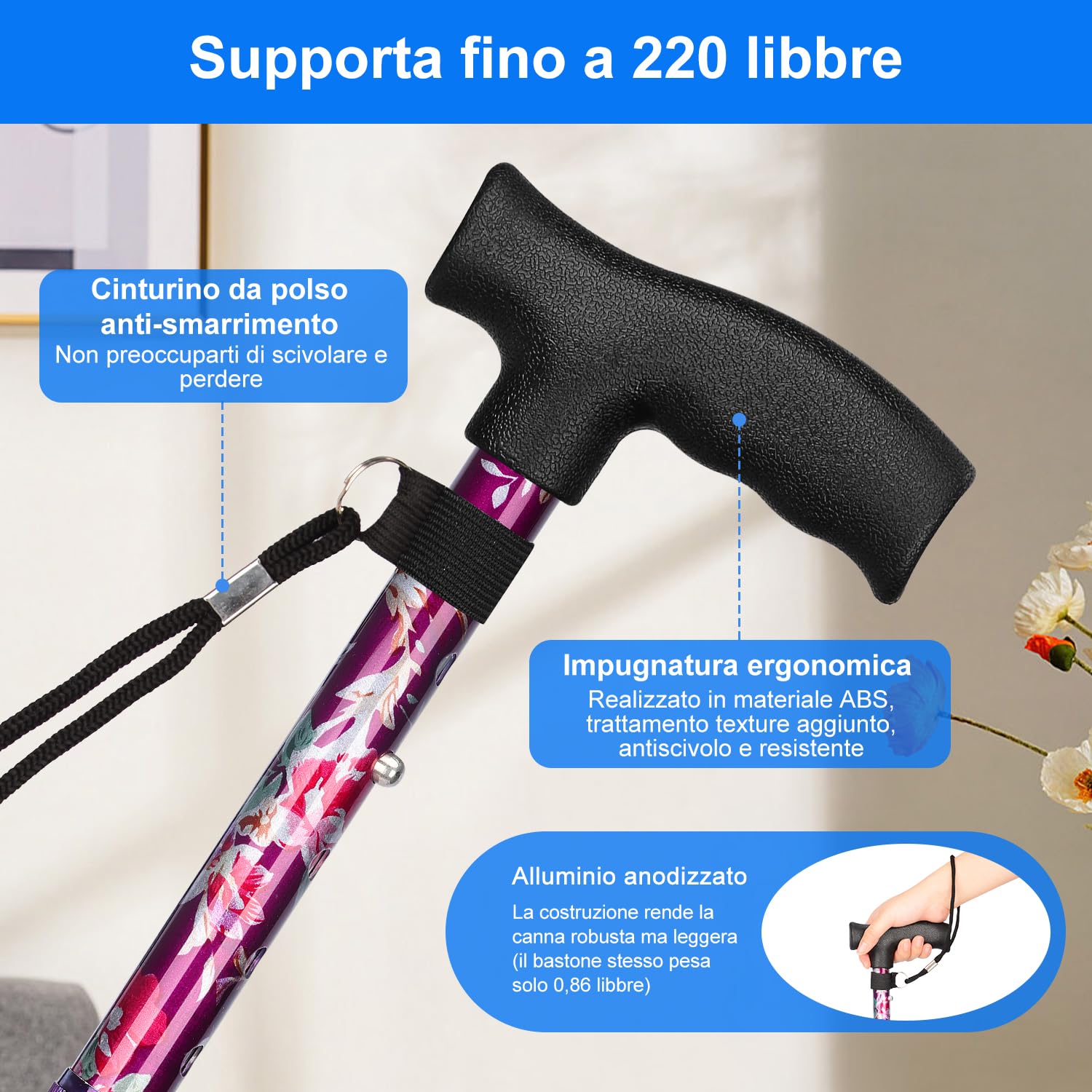 supregear Bastone per Anziani, Self-Standing 4 Zampe Bastone da Passeggio Pieghevole per la Mobilità Robusto, 5-Livello Altezza Regolabile con T-Maniglia e Anti-Perso Polso Cinghia