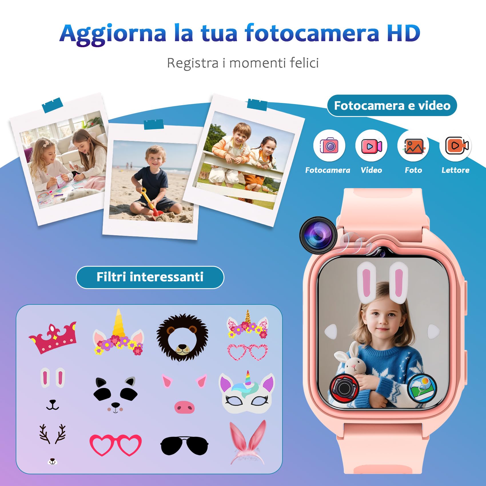 Blackview Smartwatch per Bambini, 1.75 inch TFT Smartwatch 30 Giochi, Sveglia, Fotocamera Touch HD, Video, Lettore Musicale, Contapassi, Torcia, Smartwatch per Bambini con Schermo Touch per Bambini