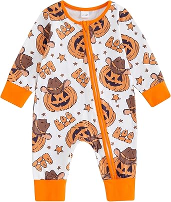 FIOMVA Baby Boy Girl Halloween Outfit Newborn Boo Pumpkin Romper Infant Long Sleeve Jumpsuit Western Fall Winter Clothes