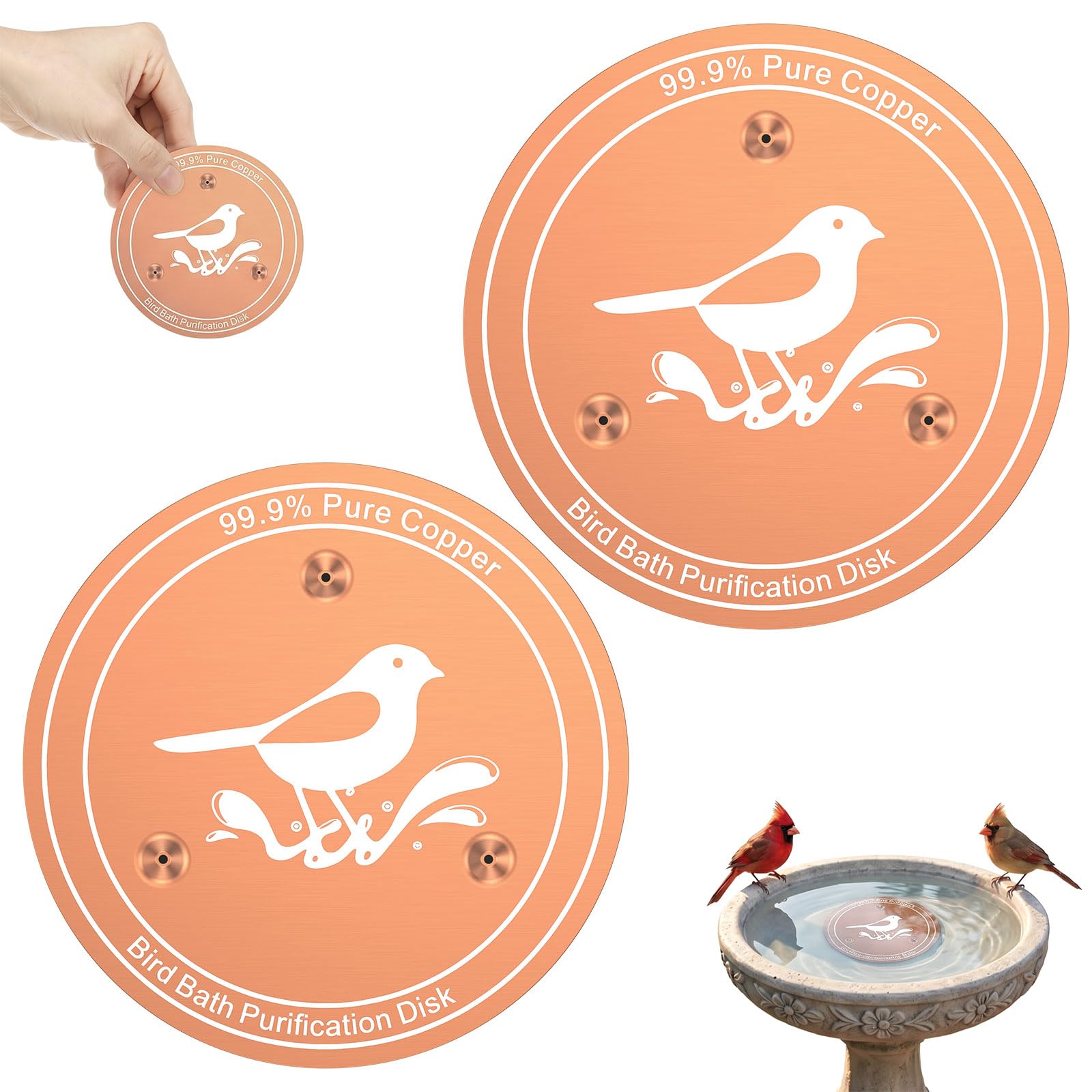 2 Pack Bird Bath Copper Disk,Pure Copper Purification Disk for Bird Bath Clean,0.8mm Thick Self-Cleaning Design Keeps Water Fresh Year-Round,Suitable for Outdoor Birdbaths Bowls Fountains etc.