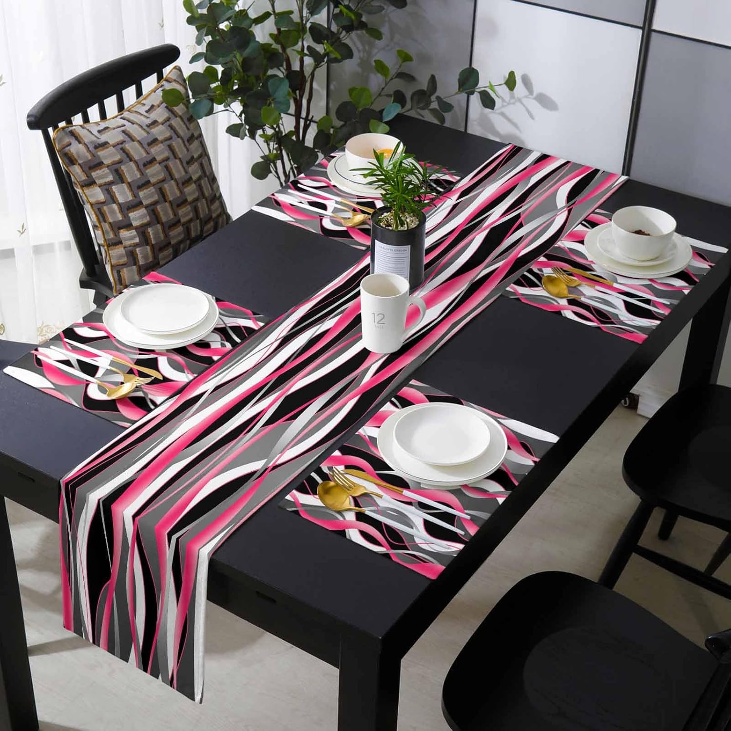 Pink Black Table Runner with Placemats Set of 4, Cotton Linen Kitchen Dining Mats Long Tablerunner 13"x70" Geometric Contemporary Grey White Stripe Table Mats Set for Living Room/Dresser/Dining Table