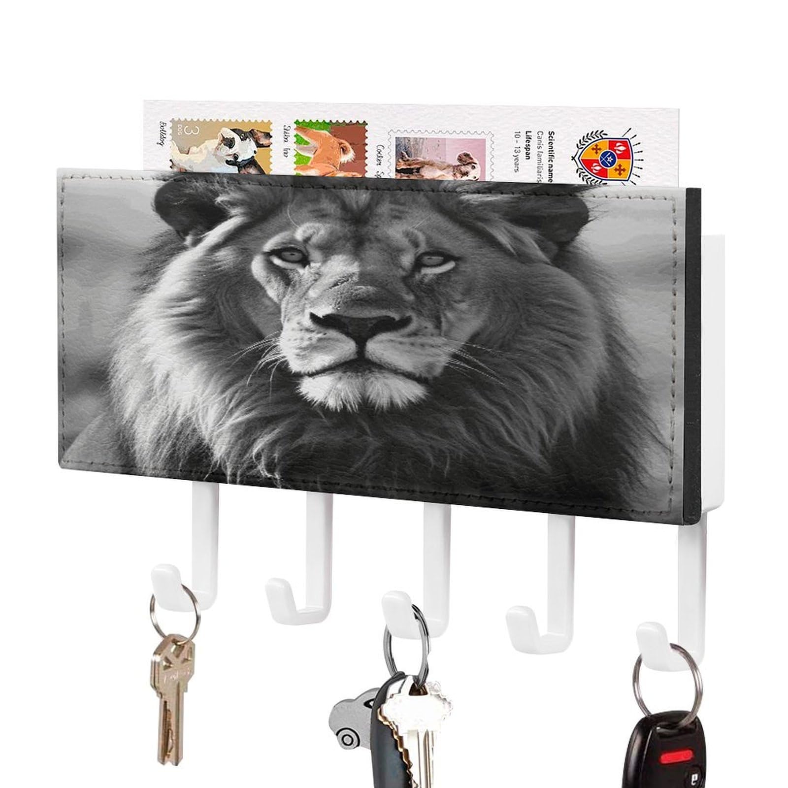 Vstadank White-Style African Lion Black And White Key Holder For Wall Mount With 5 Hooks Decorative Key And Mail Holder Farmhouse Wall Hooks With Shelf Pu Leather Key Rack With Mail Holders For Entryway Home