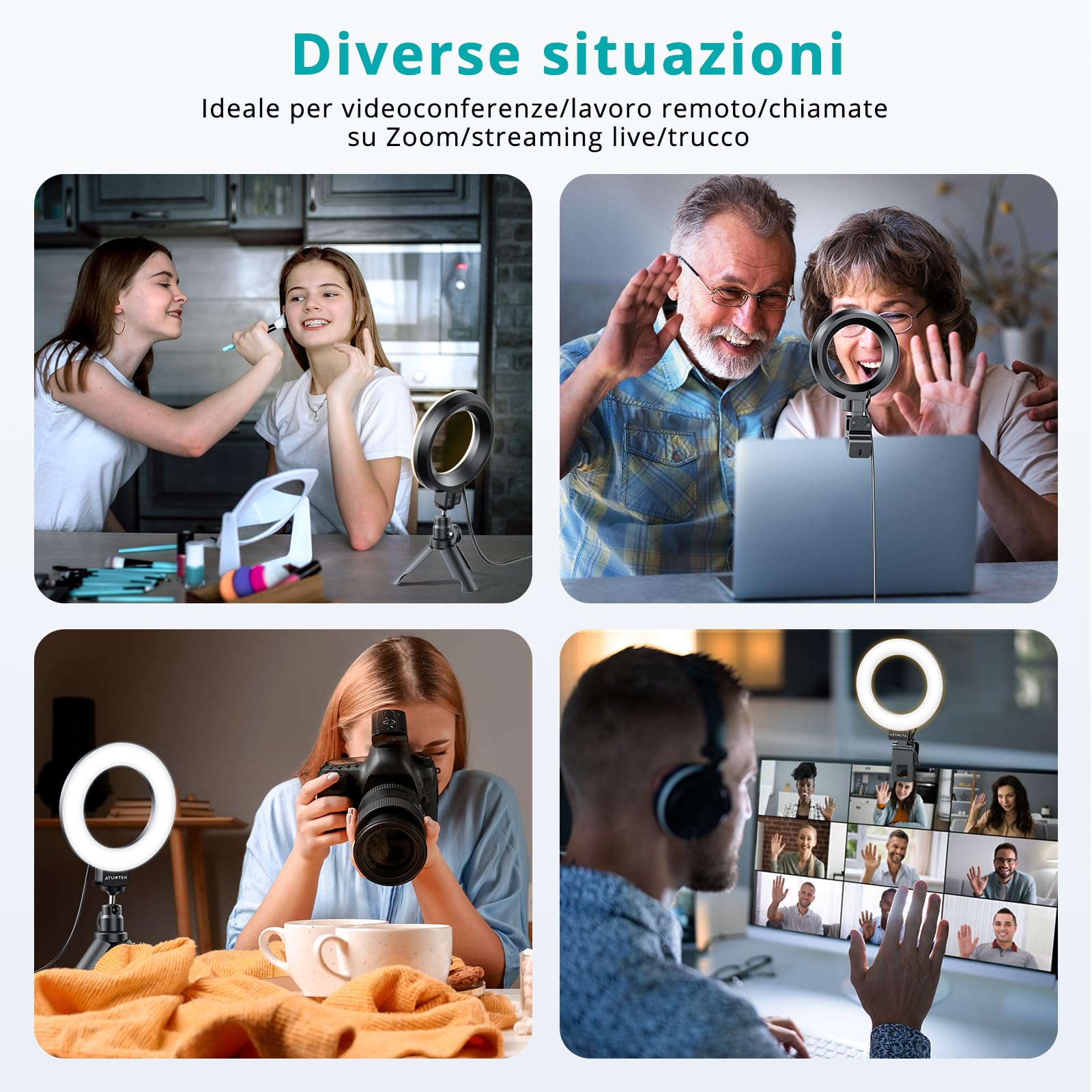 ATUMTEK Luce ad Anello con Clip e Treppiede, Luce Video per Monitor Laptop, Luce Webcam con 3 Colori Dimmerabili e 10 Livelli di Luminosità per Lavoro Remoto/Chiamate Zoom/Live Streaming