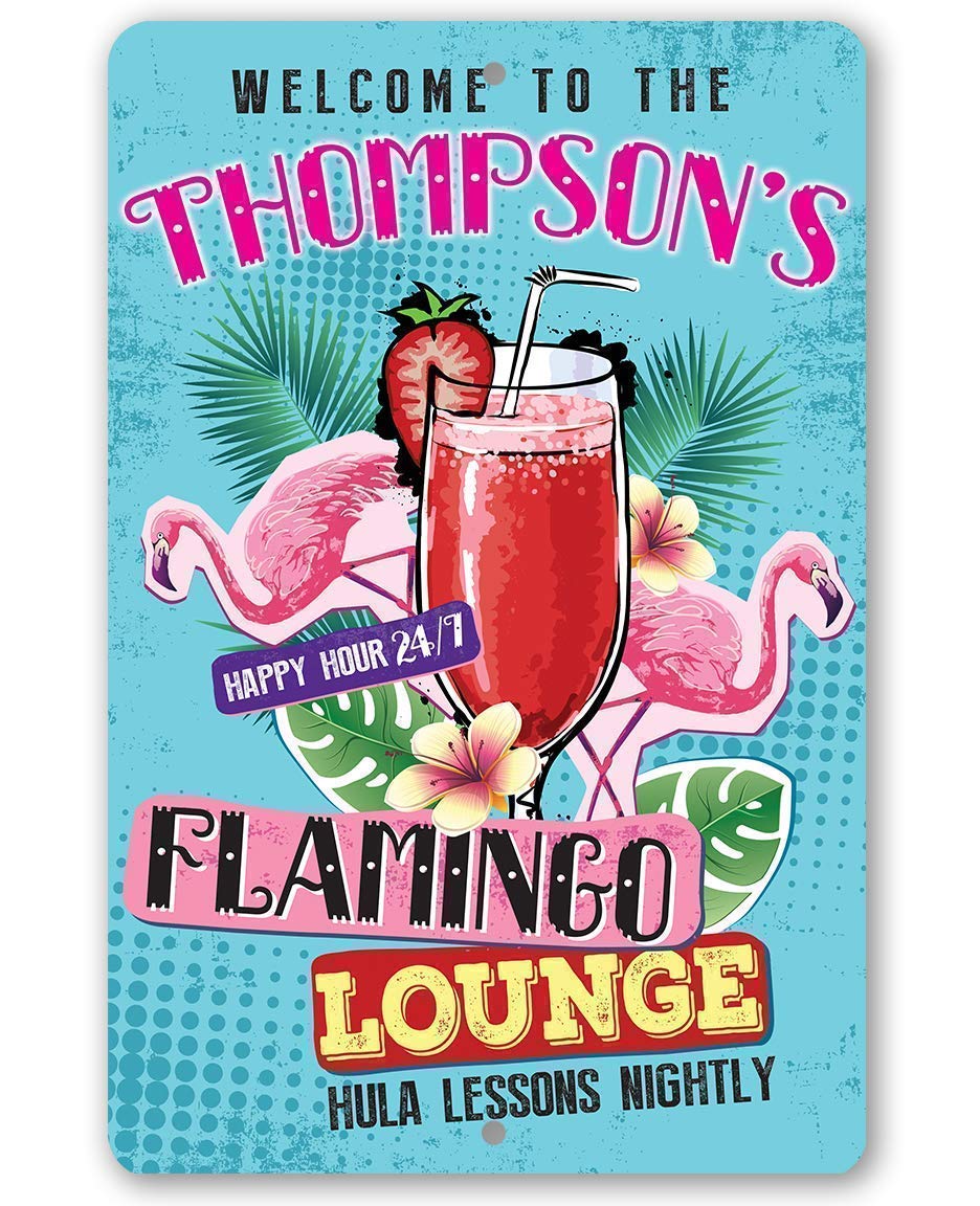 Personalized Flamingo Lounge Sign - Great Bar Decor and Outdoor Patio Display, Summer Porch Decoration, Swimming Pool Accessories and Cocktail Signs, 8x12 or 12x18 Durable Colorful Metal Sign