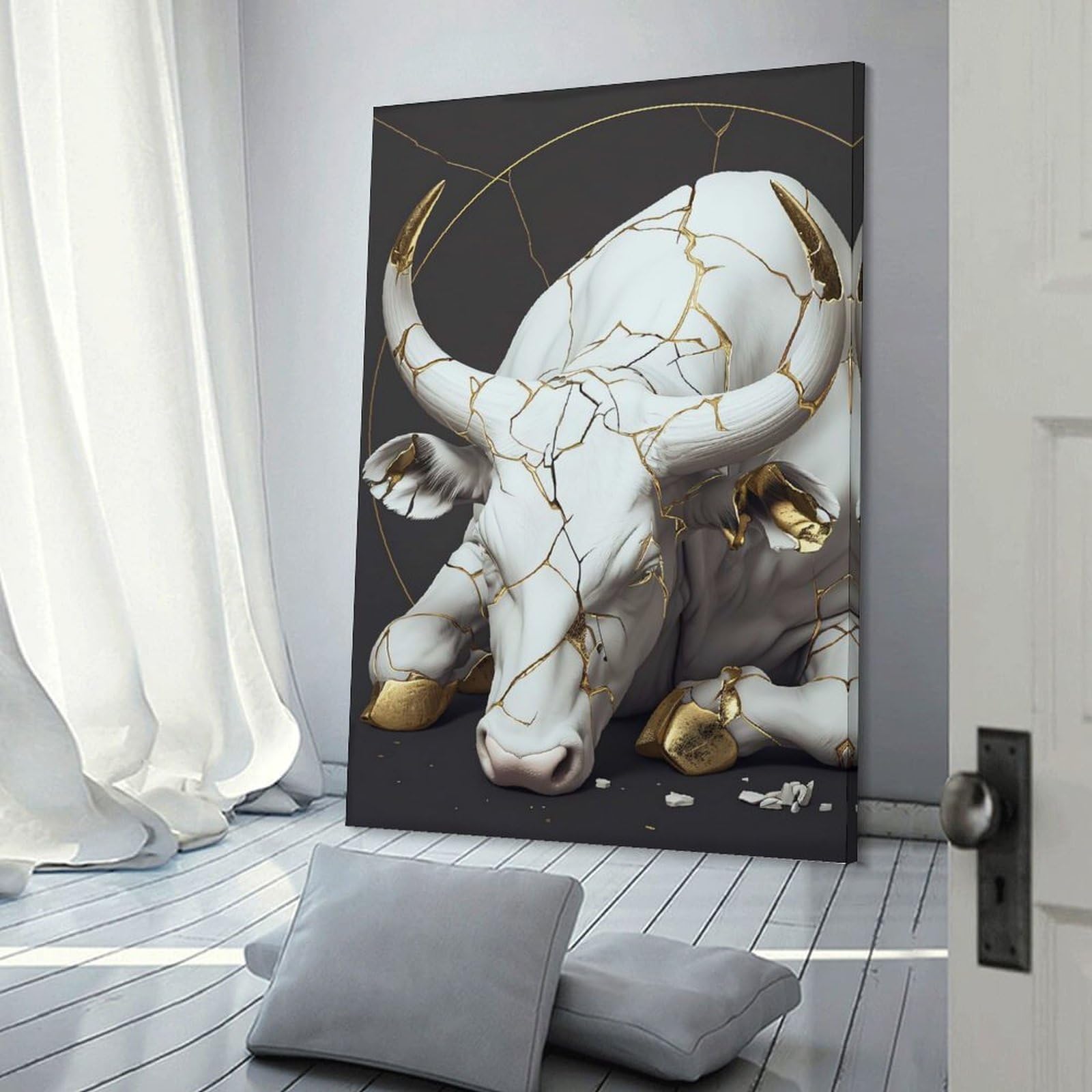 Junmoney Frame-Style-18 Canvas Wall Art Cracked White And Gold Bull Sculpture, 24X36inch(60X90cm), For Gallery Wall Decor And Room Displays, Decorative Artwork With Flexible Styling