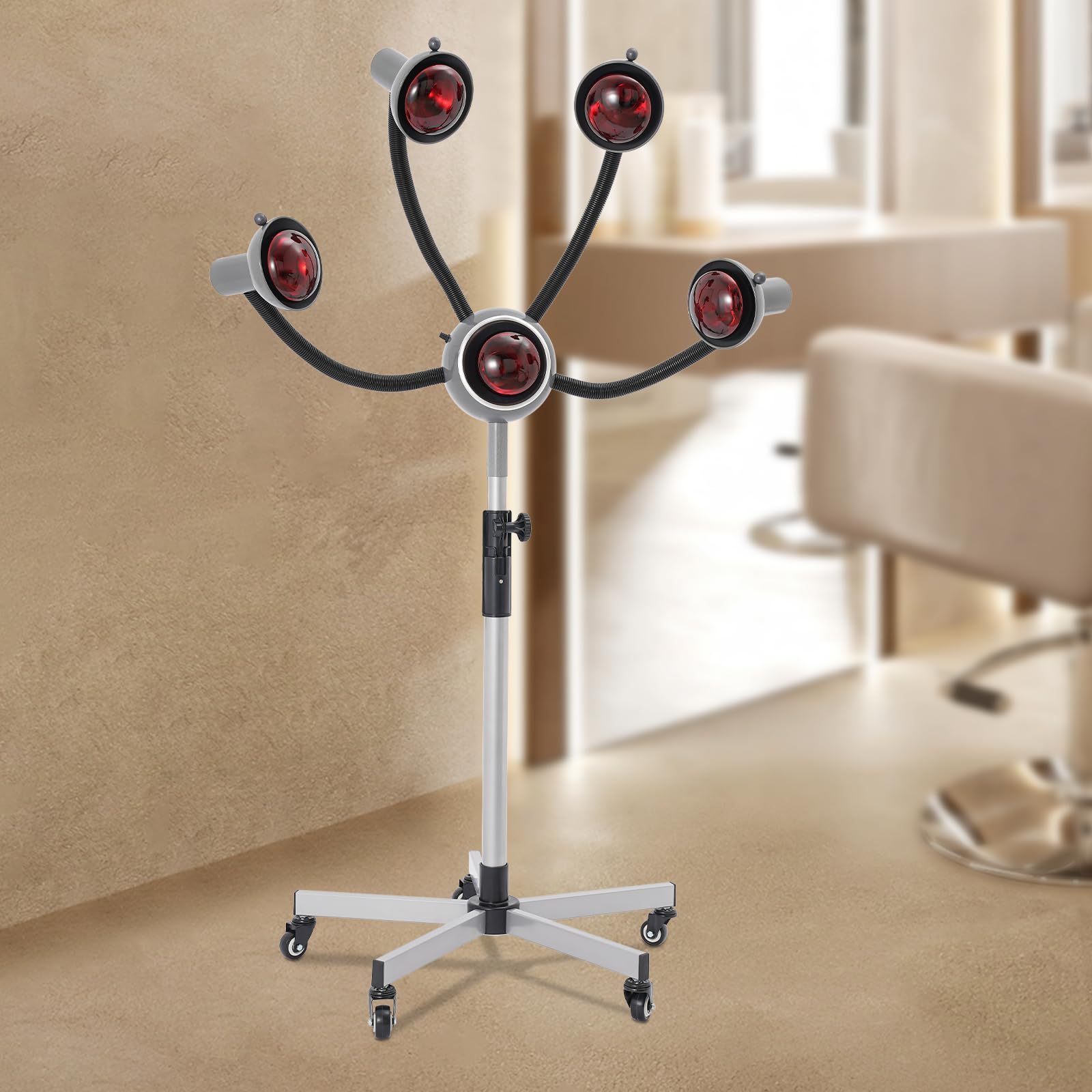 5 Head Hair Heat Lamps, Height & Angle Adjustable, 750W Floor Standing Salon Hairdressing Heater with Wheels for Coloring Drying Baking Oiling Heating Perming Styling
