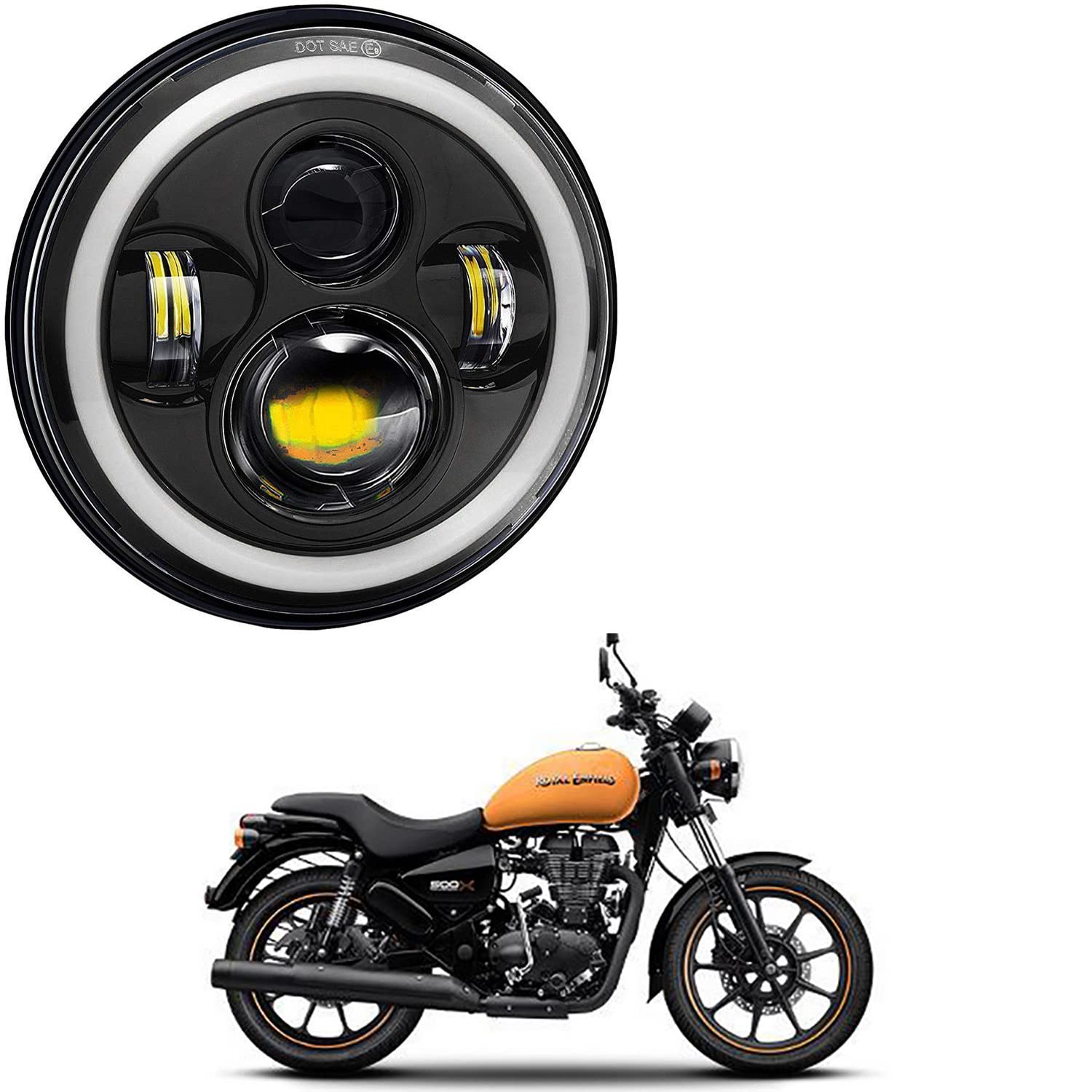 Genipap® 7 Inch Full Ring Round LED Headlight with Hi/Low Beam and Angel Eye Lamp for Harley, Jeep, Wrangler, Thar Etc Powerfull Headlight For Royal Enfield Thunderbird 350