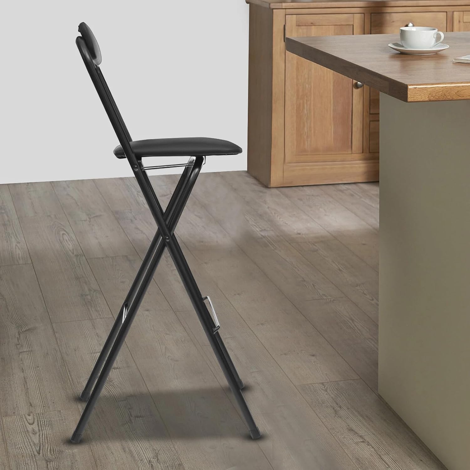 Foldable Bar Stool with Backrest, 27.5‘’ Tall Folding Chair, Heavy Duty Portable Counter Stool with Padded Seat and Back, Space-Saving Foldable Design for Kitchen, Office, Cafe (Black)