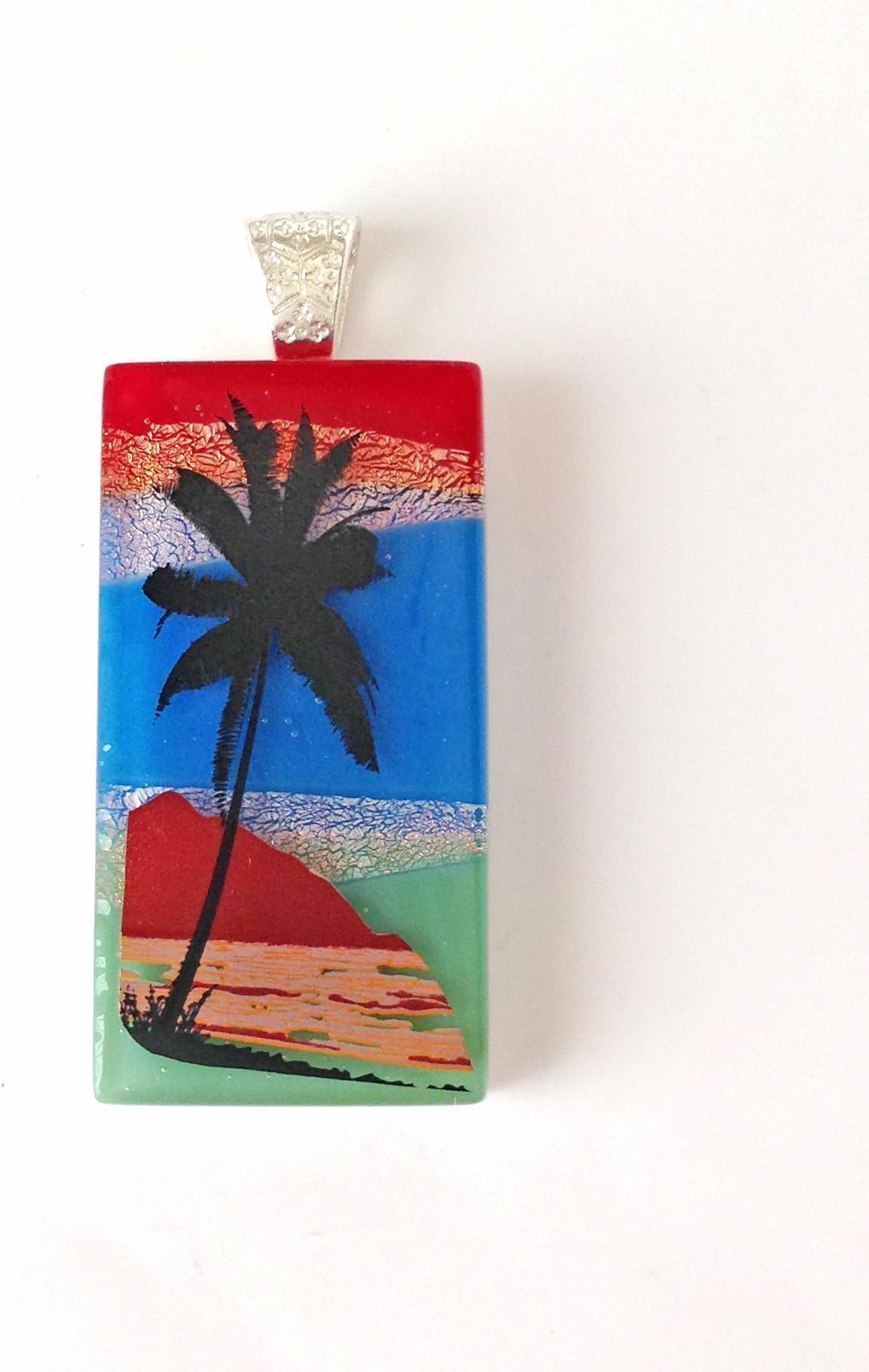 Palm Tree Pendant Necklace in Blue Red Green Fused Glass, Island Tropical Jewelry