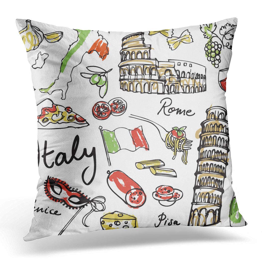 Awowee Cushion Cover 45x45cm/18x18inches Italian of Italy Food Doodle Sketch Flag Rome Spaghetti Home Decor Throw Pillow Cover Square Pillowcase for Bed Sofa
