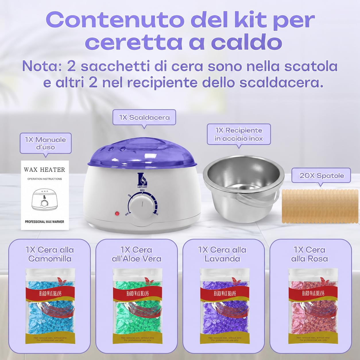 Scaldacera Professionale per Ceretta a Caldo, Kit Cera Brasiliana Completo con 4 Cere, Scalda Cera Elettrico per Depilazione a Casa, Viso, Ascelle, Gambe e Corpo, Viola (bianco)