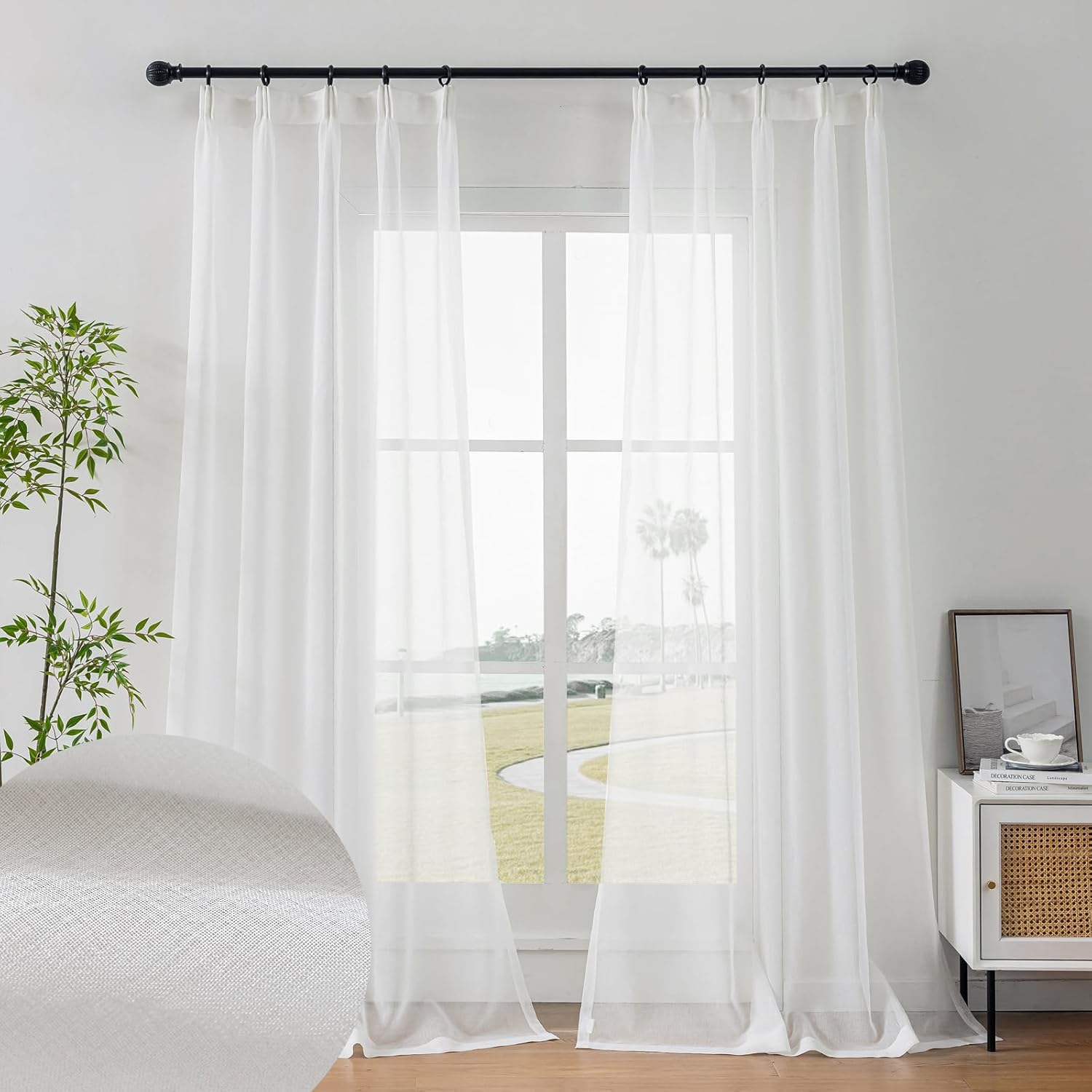 Off White Sheer Curtain Linen Look 96 Inches Long 2 Panels, Gauze Pinch Pleat Curtains & Drapes Light Filtering, Thin Semi Transparent Ceiling Curtains with Hook, Elegant Window Treatments