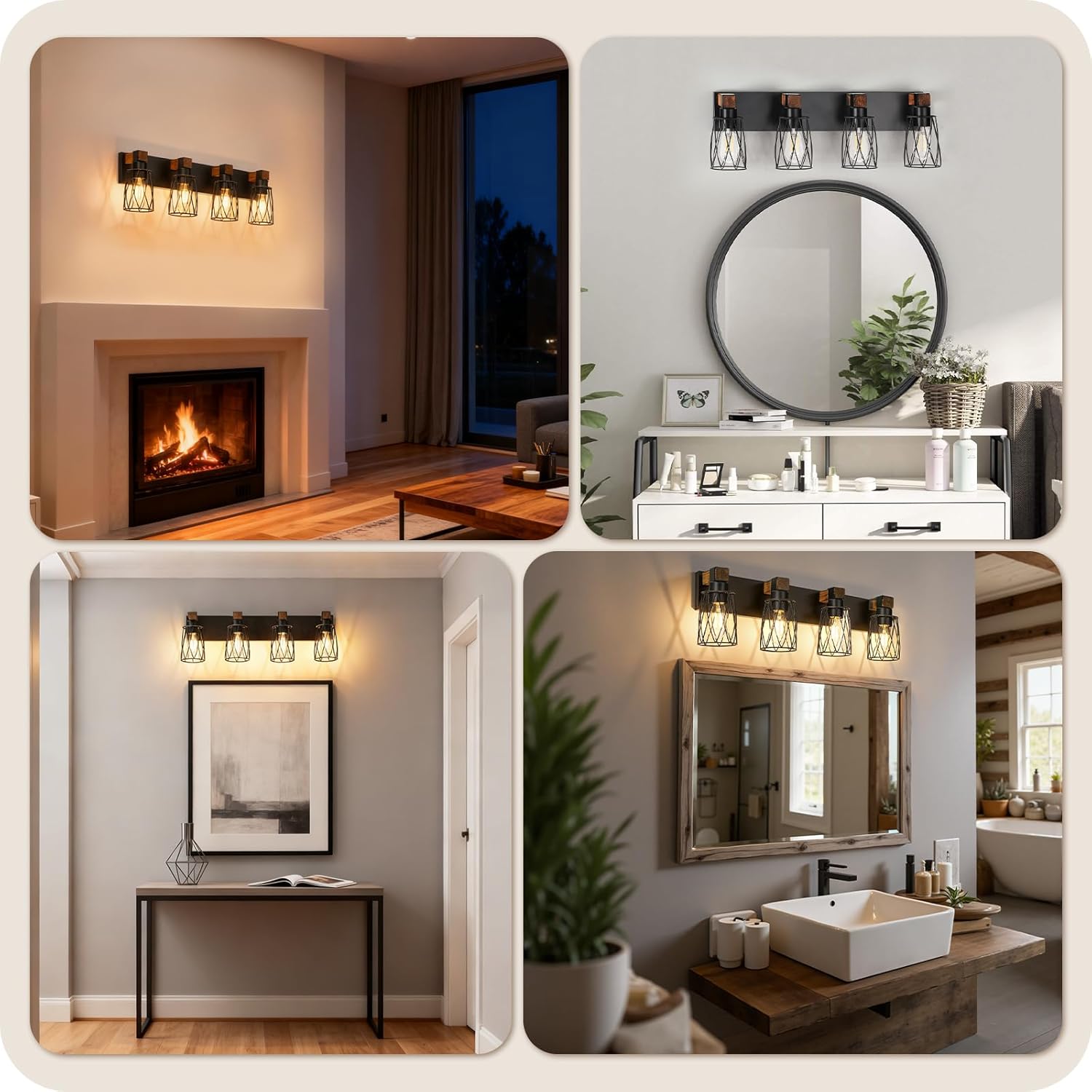 Industrial Farmhouse Bathroom Vanity Light, 4-Light Wood and Metal Wall Light Fixture, E26 Bulbs Not Included, for Bathroom, Vanity, Hallway, Black and Rustic Brown B20BD05