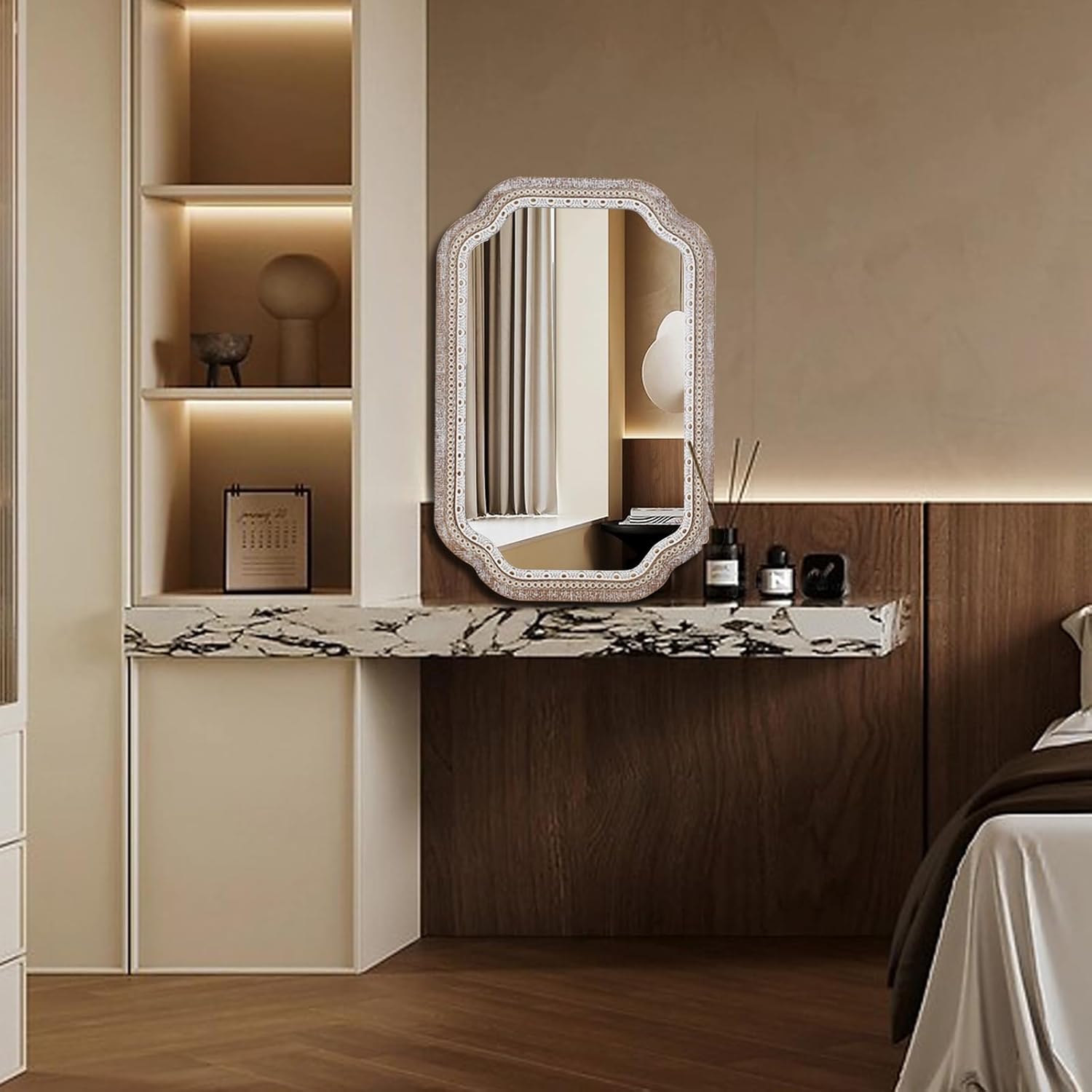 36x24'' Rustic Farmhouse Decorative Wall Mirrors for Entryway - Boho Wooden Scalloped Accent Mirror for Bathroom Over Sink, Foyer, Hallway - Vertical/Horizontal