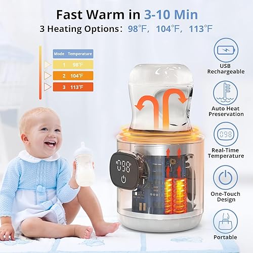 Miniatura 7 de Calentador de botellas inalámbrico portátil, incluye 2 adaptadores, calentamiento rápido, control de temperatura preciso, batería de larga duración,