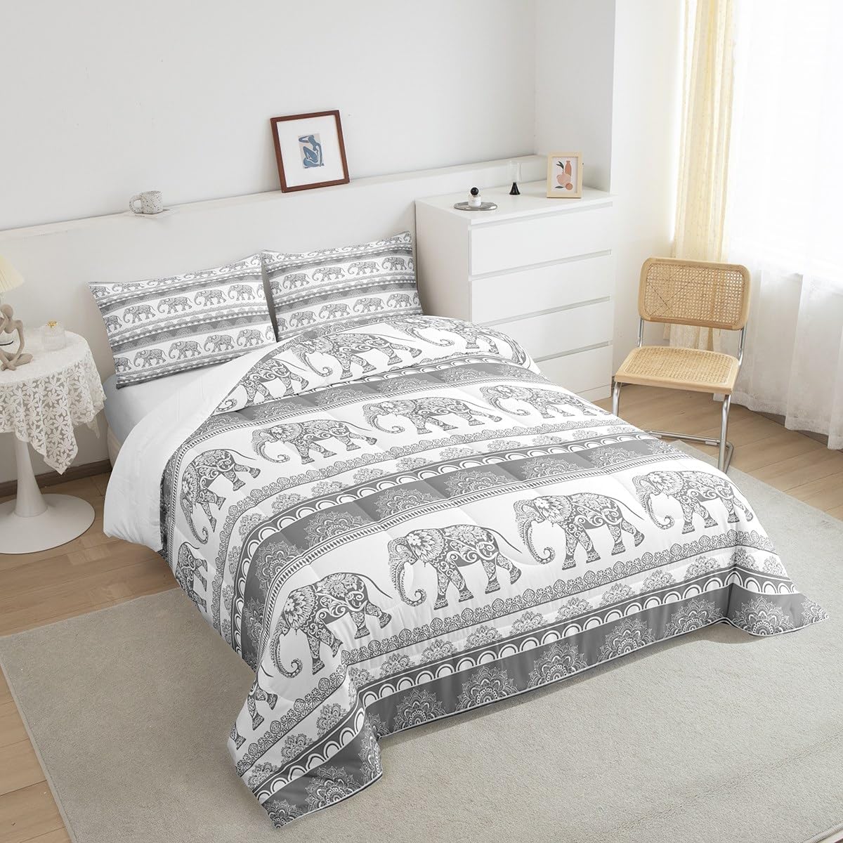 Feelyou Elephant Bedding Set for Girls Boys Kids Queen Size Bohemian Comforter Ethnic Elephant Print Comforter Set Grey White Quilt Set 3Pcs