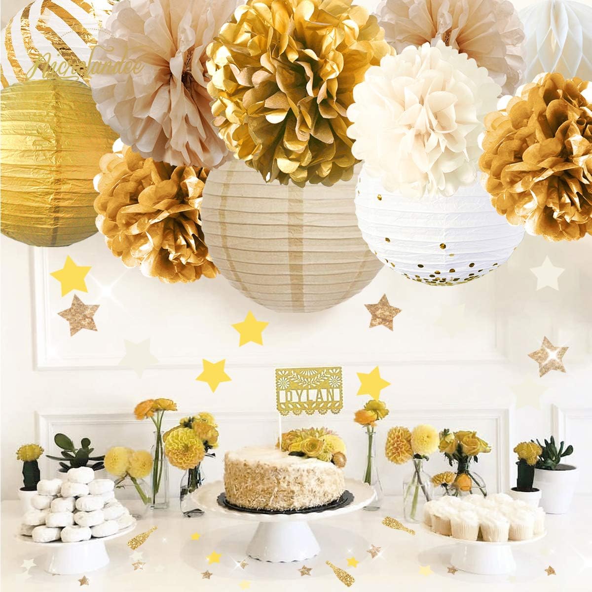 NICROLANDEE Gold White Party Decorations -12PCS Tissue Pom Poms Gold Foil Dots Paper Lantern Glitter Party Confetti 30G Party Supplies for Rustic Vintage Wedding Bridal Shower Baby Shower Backdrop: Toys & Games