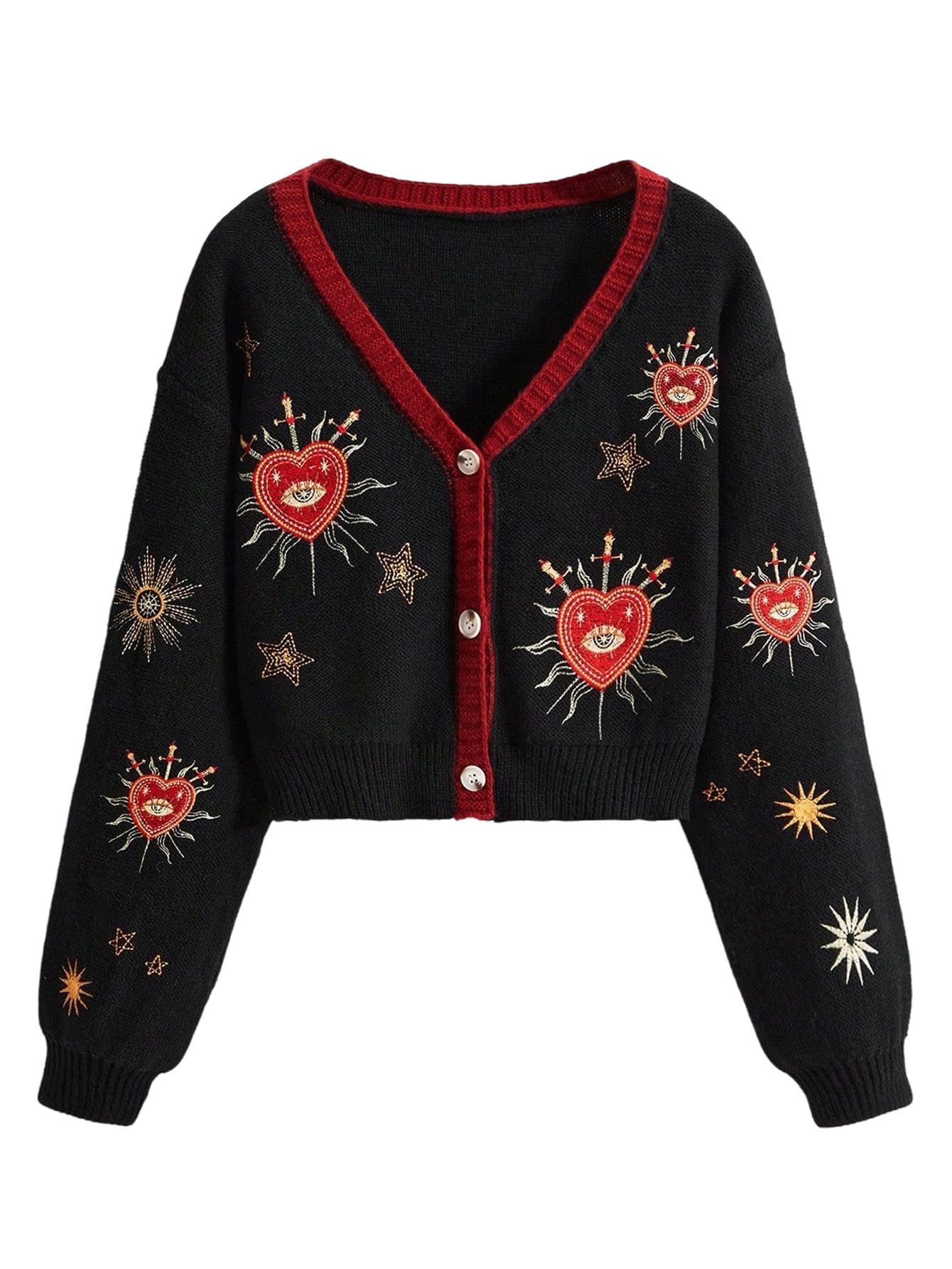 GORGLITTER Womens Embroidered Cardigans Long Sleeve Button Down Boho Cottagecore Cardigan Sweaters