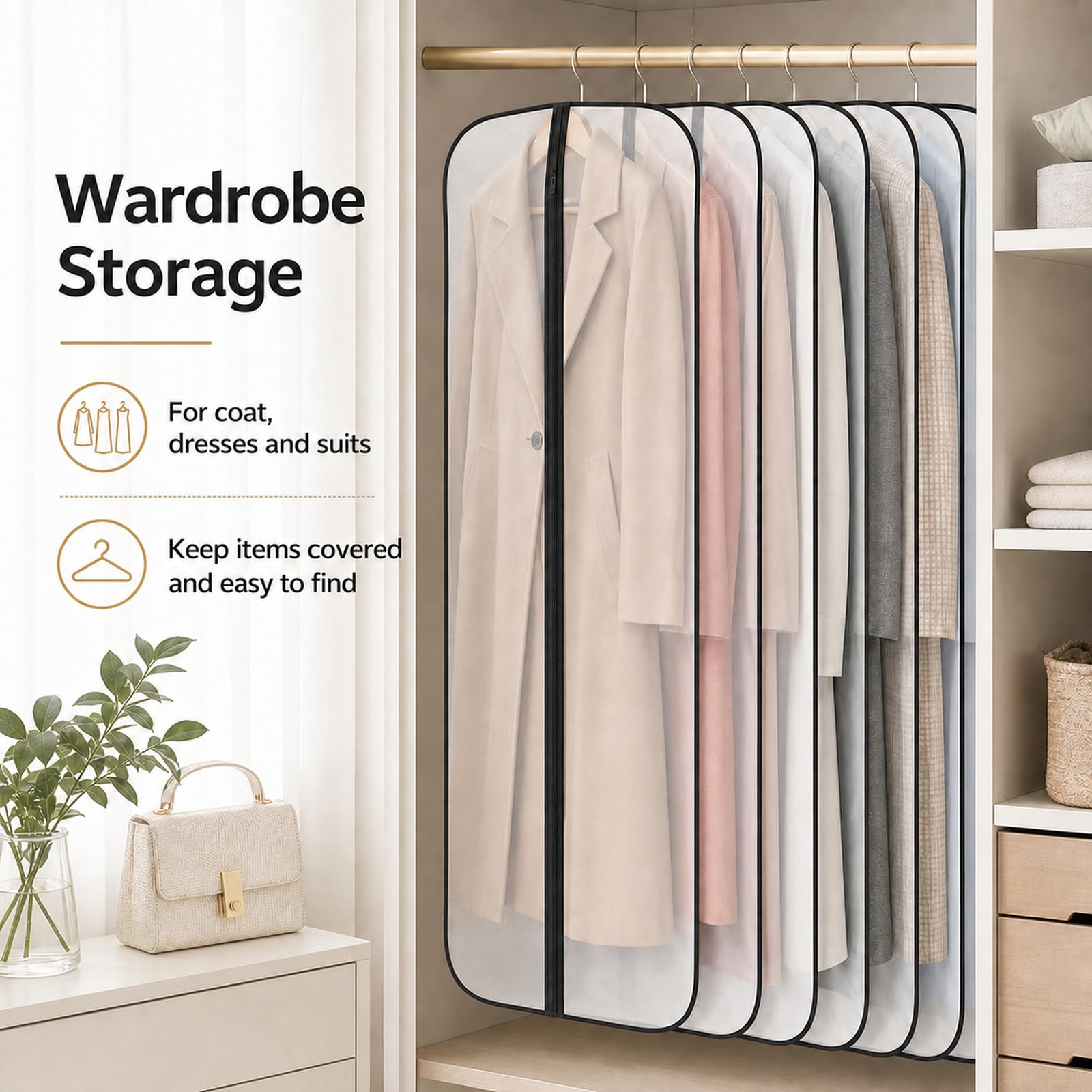 Protector de Ropa Larga Fundas de Ropa Transpirable Tela PVC Fundas Ropa Armario Fundas Ropa Armario Transparente con Cremallera Fuerte para Trajes,Vestidos,Camisas de Noche
