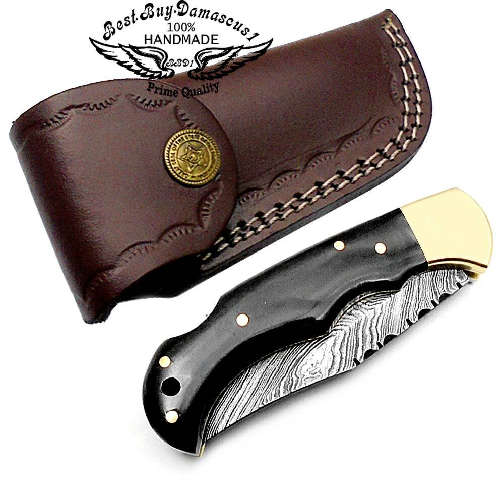 Damascus Steel knife 6.5" Black Buffalo Horn Handel Pocket Folding