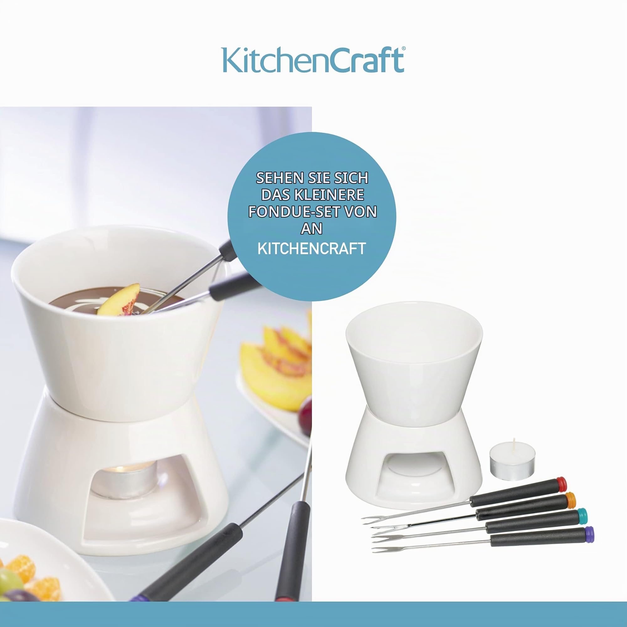 KitchenCraft 3-in-1 Fondue-Set mit farbcodierten Fondue-Gabeln (für Schokoladen-, Fleisch- und Käsefondue), Silber