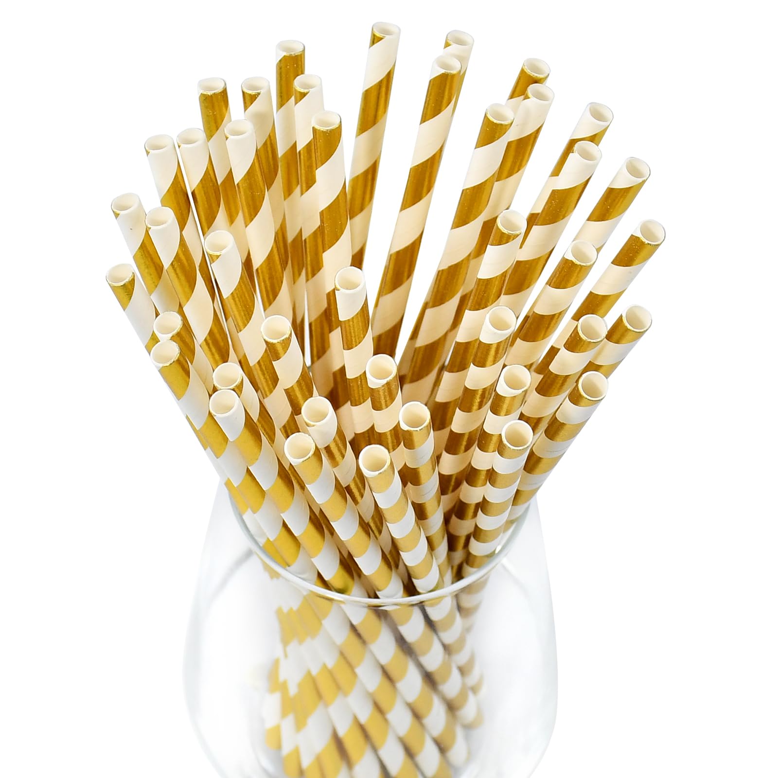 Lives on Green 19.7 cm Gold/White Striped Paper Drinking Straws, Pack of 100 for Bar Restaurant, Wedding, Party - Unpacked - Image 2