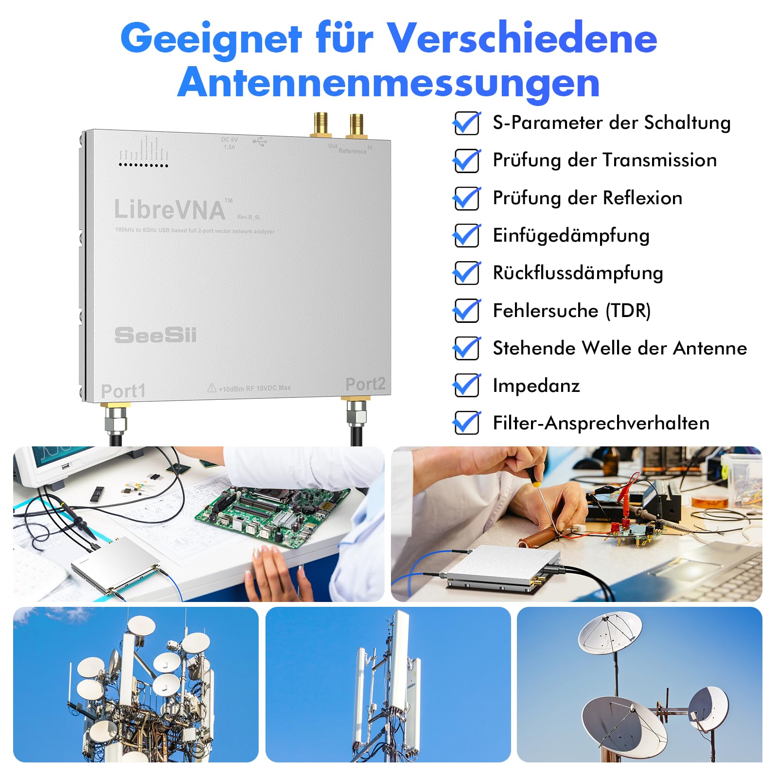 Seesii LibreVNA 2,0 Vektor Netzwerk Analysator, 2025 Aufgerüsteter NanoVNA Antennenanalysator 100 kHz - 6GHz mit Externem Referenz Eingang und Ausgang für Vollständige S Parameter