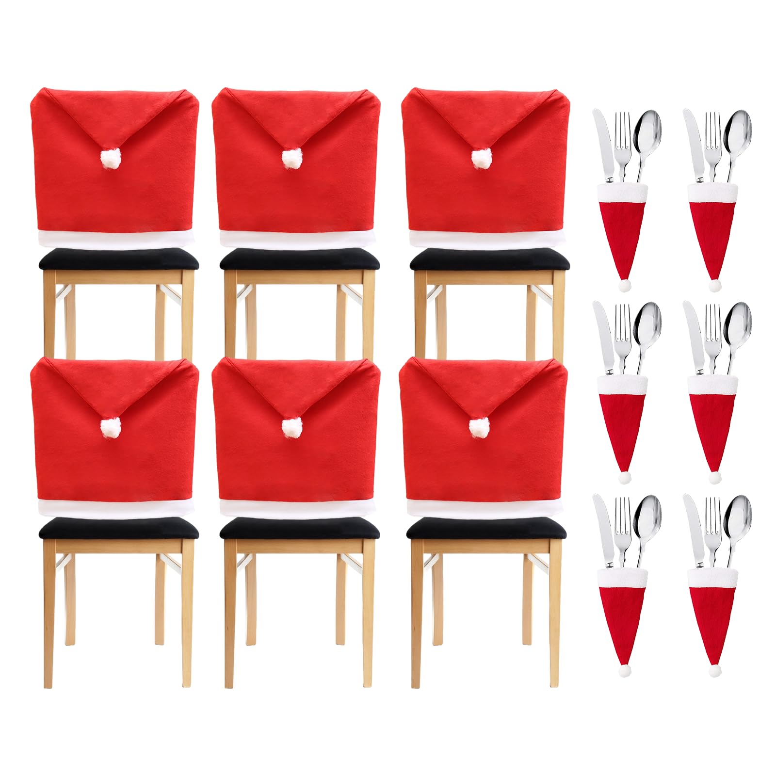 Sobotoo Pack of 6 Red Santa Hat Dining Chair Seat Back Covers Slipcover Xmas Christmas Dinner Table Party Decor (Red)