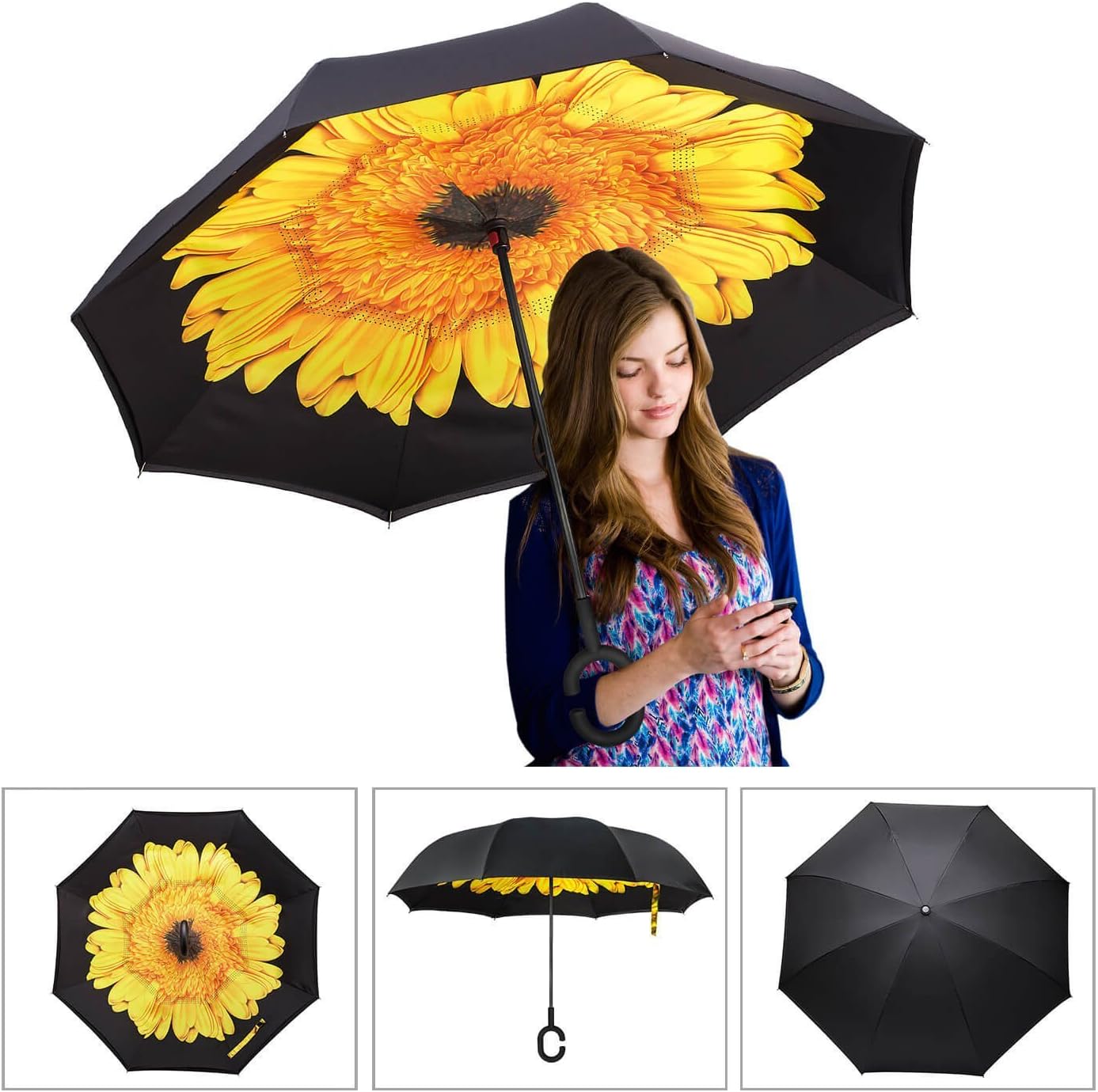 Elover Inverted Umbrella with C-Shaped Handle Inside Out Windproof Umbrella Upside Down Reverse Umbrella Double Layer Travel Umbrella