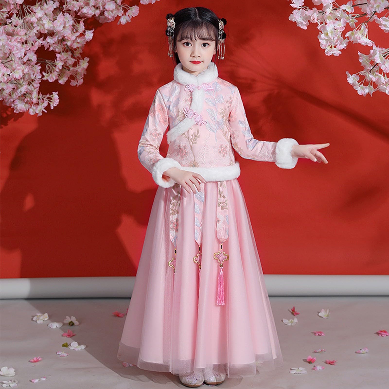 Ragazze Carino Gonna Cinese Abiti 2 Pezzi Ricamo Fiore Compleanno Concorso Abiti Bambini Bambino Polso Pile Polsini Cappotti Mesh Tulle Gonne Pieghe Capodanno Abiti Tradizionali