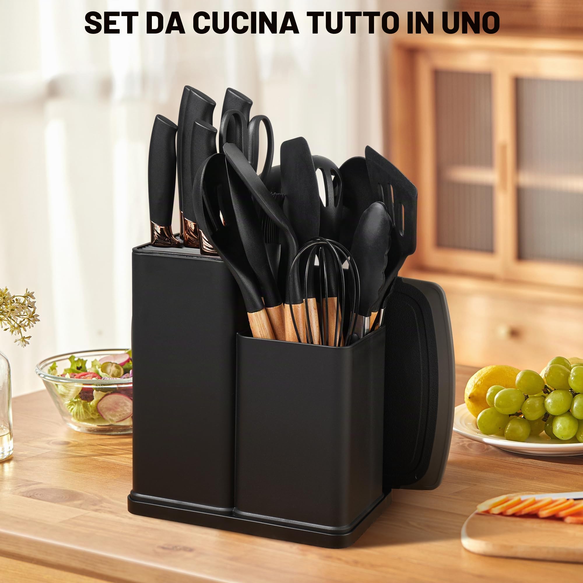 Vortix 19 Pezzi Set Utensili Cucina Silicone, Set Coltelli da Cucina con Porta Utensili, Mestoli Cucina Silicone con Manico in Legno, Nero