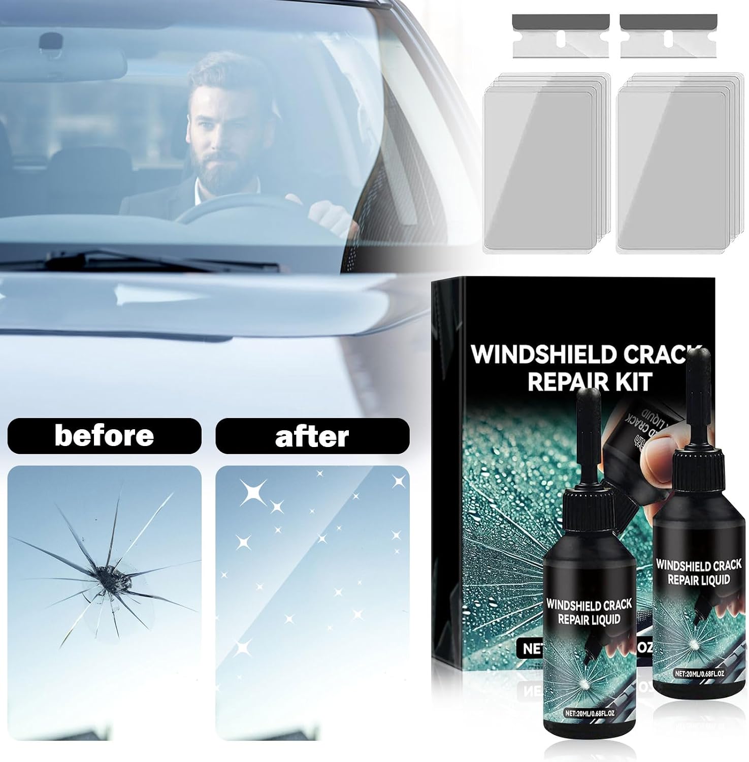 Windshield Crack Repair Kit, Glass Repair Liquid for Cracks, Universal Cracks Gone Glass Repair Kit, Universal Cracks Gone Glass Repair Kit for Automotive Windscreen Tool(2PCS)