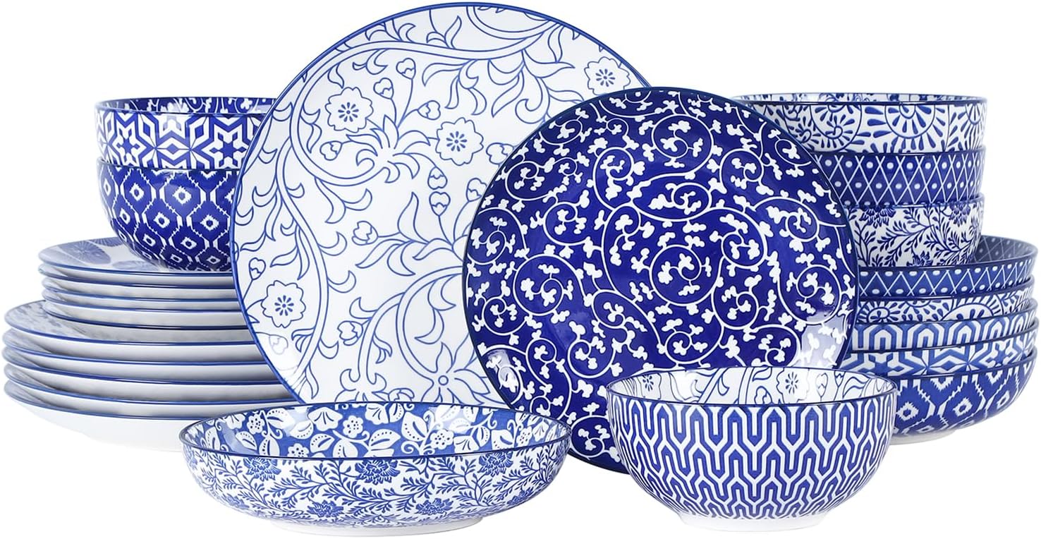 Selamica Ceramic Dinnerware Sets for 6, 24 Piece Plates and Bowls Sets, Scratch Resistant Dishes Set-Dishwasher & Microwave & Oven Safe, Vintage Blue