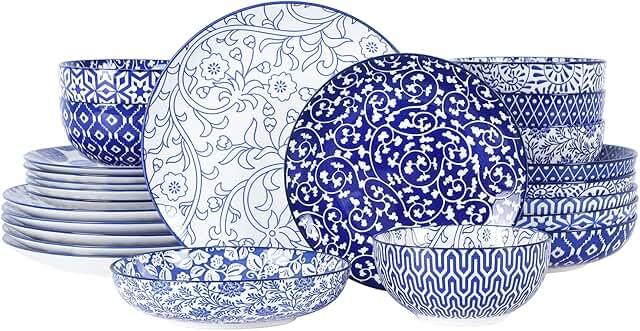 Selamica Ceramic Dinnerware Sets for 6, 24 Piece Plates and Bowls Sets, ...