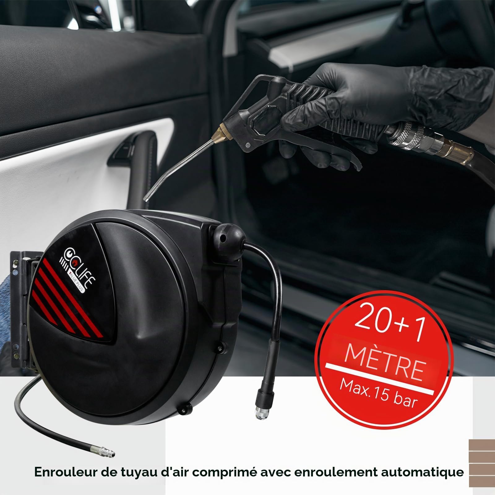 CCLIFE Enrouleur de Tuyau d'Air Comprimé 20m 1/4" Raccord Rapide Dévidoir de tuyau automatique max 15 bar