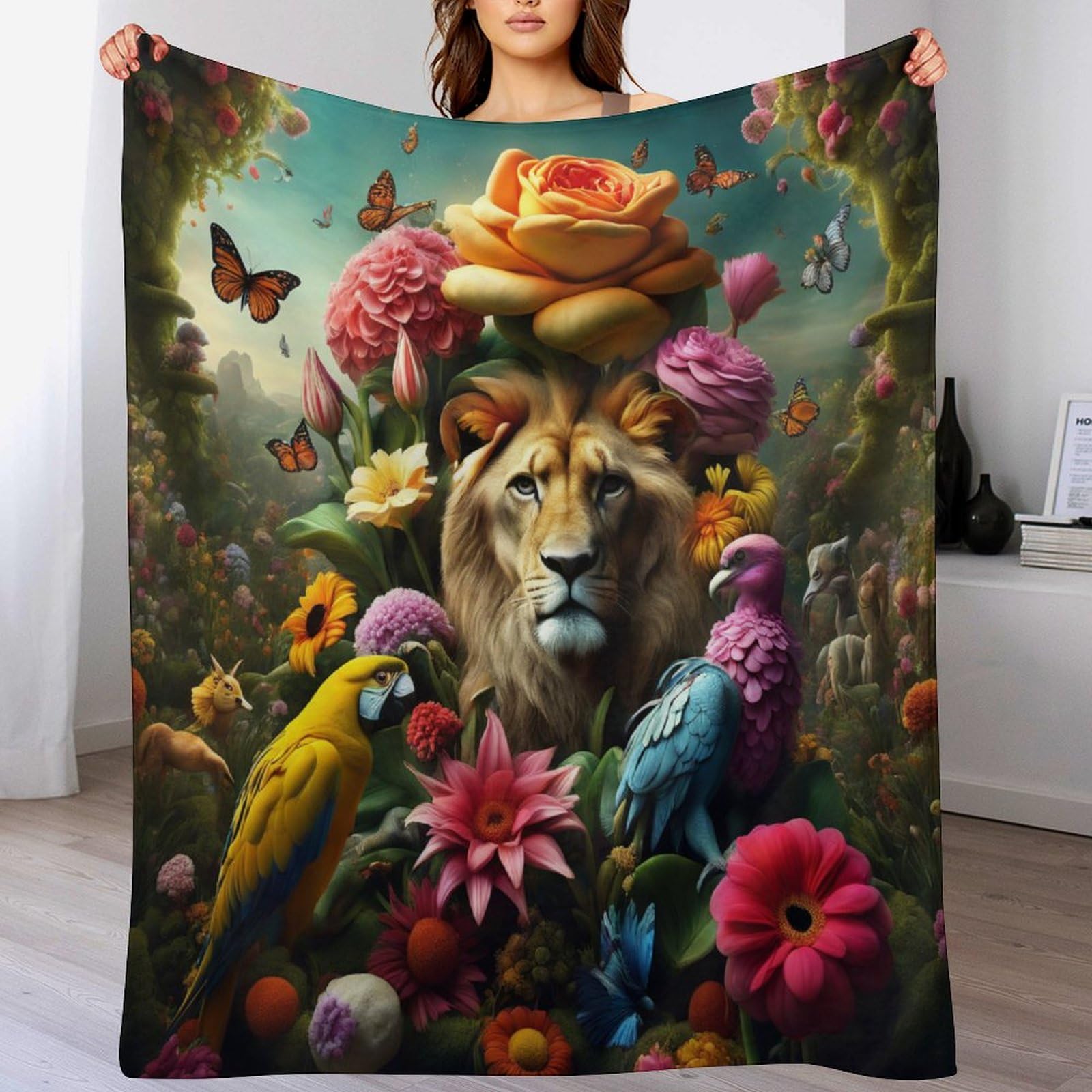 Couverture de lit lion en flannel anti-plis et chaude contre le froid