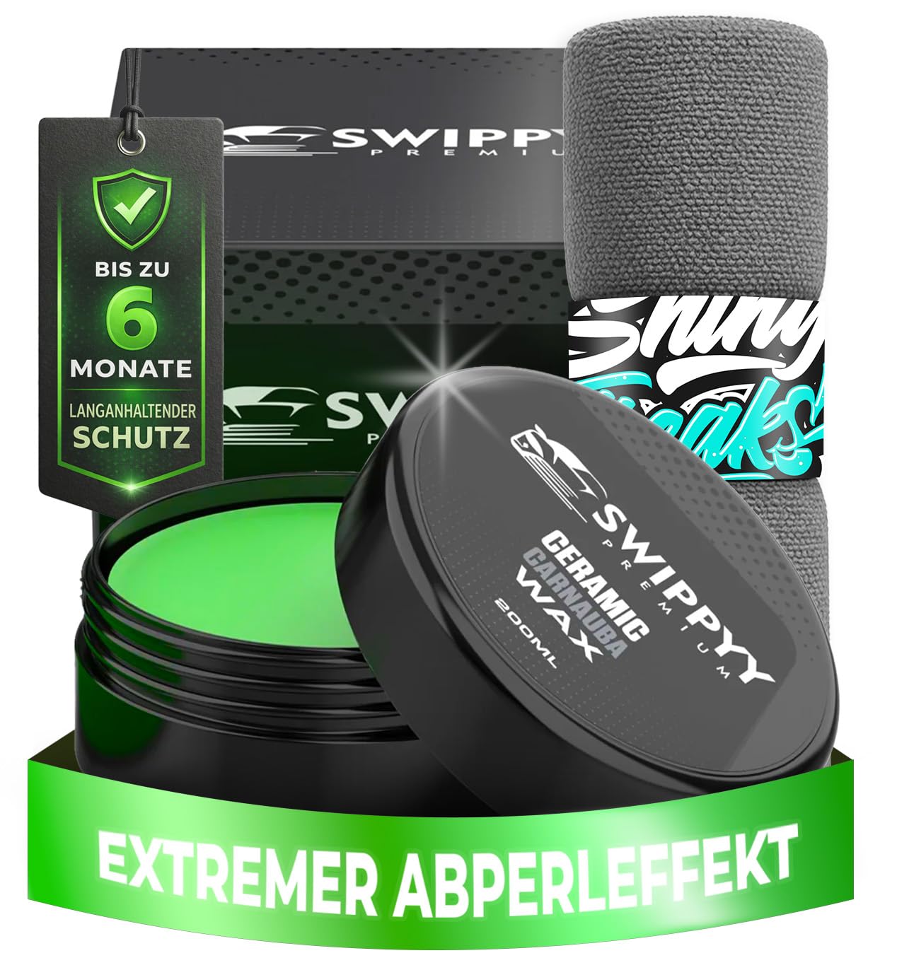 Swippy Ceramic Carnauba Wax (200ml) Premium Autowachs + Shiny Freaks Mikrofasertuch | Lackversiegelung mit extremem Abperleffekt - Keramikersiegelung Auto für starken Lackschutz & Glanz | 2-teilig