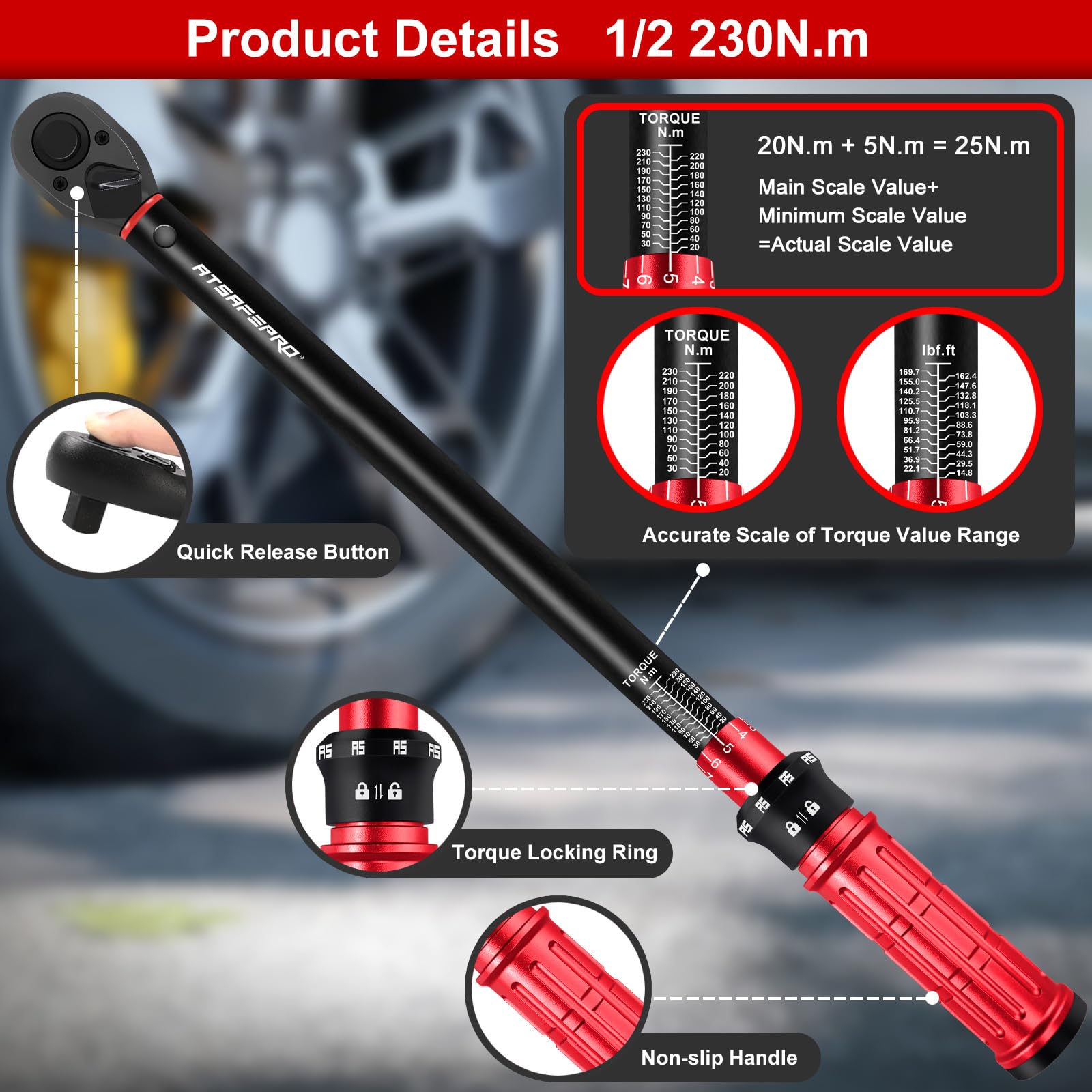 ATsafepro Motocyklowy klucz dynamiczny samochodu, klucz momentowy 1/2 calowy 20-230 Nm/14.8-169.7 lbf.ft,Adapter 1/2" do 3/8'', dokładność ± 3% 72 zębów, 125mm przedłużacz