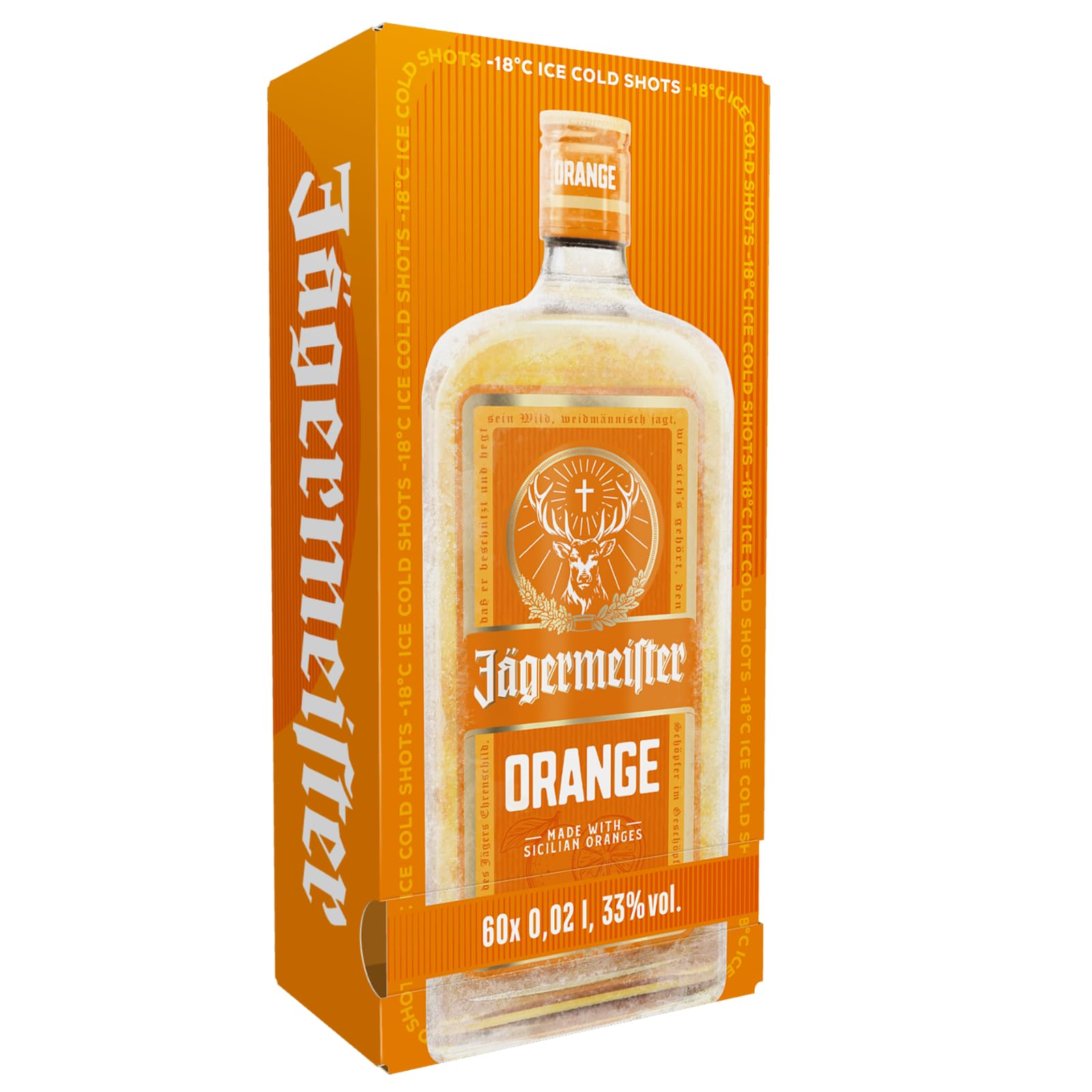 Jägermeister ORANGE – 60 x 0,02l Premium Kräuterlikör Shots 33% Vol. – Fruchtig-frisch mit Citrusöl-Extrakt aus sonnengereiften sizilianischen Orangen – 56 erlesene Kräuter