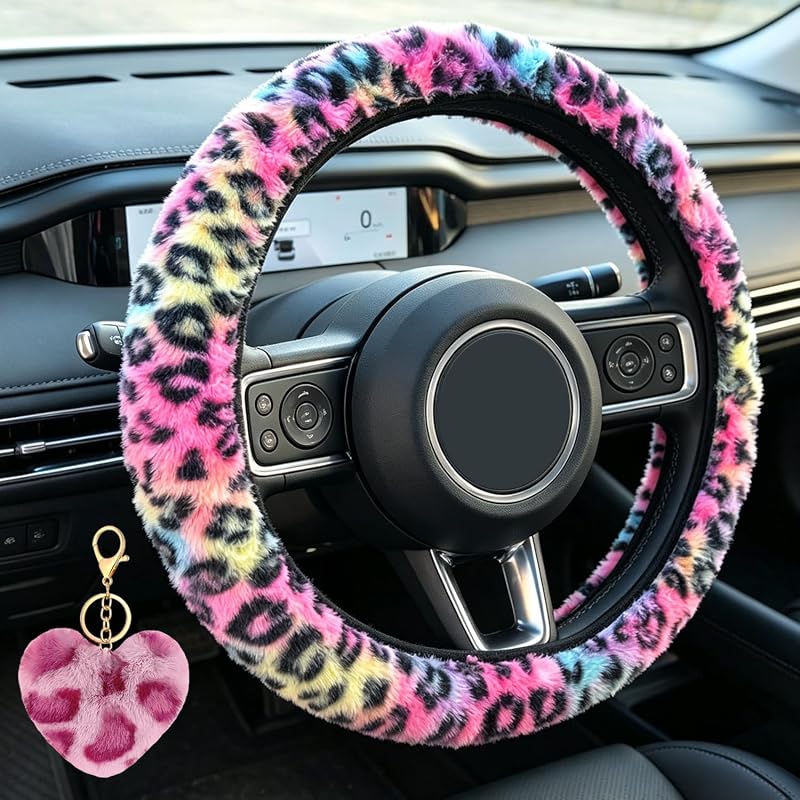 Capa para Volante com Estampa de Leopardo Colorida e Chaveiro Peluciado Muamos para Volantes de 36–38 cm (14–15 pol.)