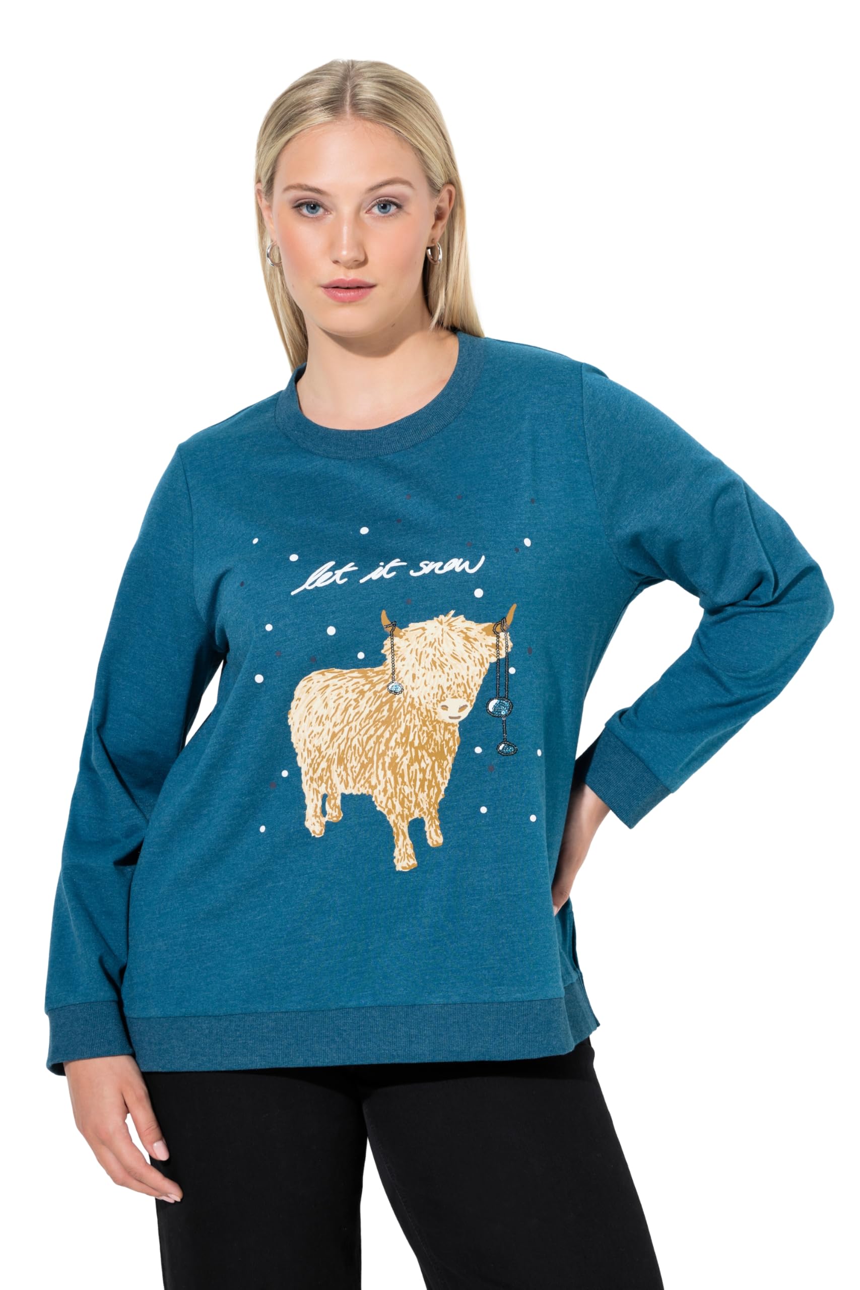 Ulla Popken Damen große Größen Übergrößen Plus Size Sweatshirt, Let it Snow, Pailletten, Rundhals, Langarm 845025