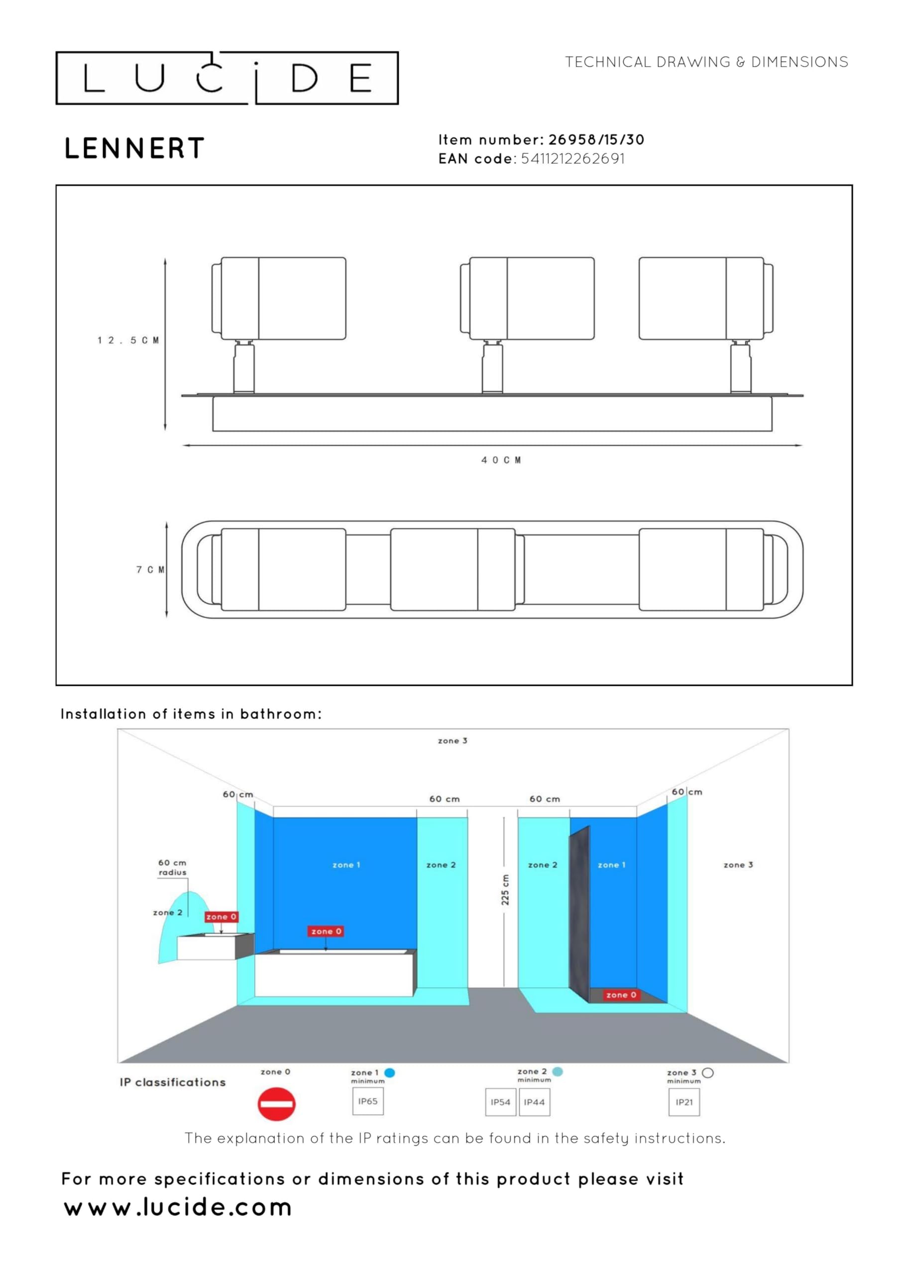 LUCIDE LENNERT - Foco de techo Baño - LED Regul. - GU10-3x5W 3000K - IP44 - Negro