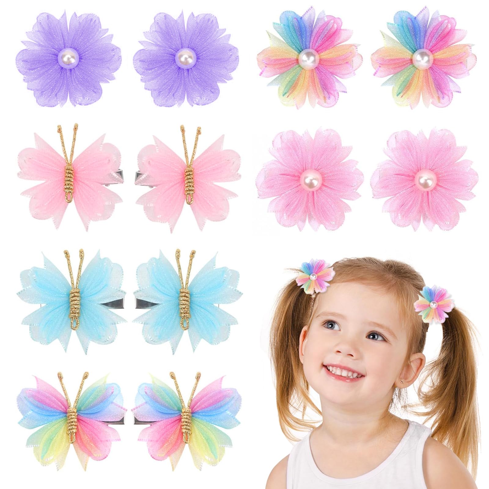 HIFOT 12 Piezas Flor Mariposa Pinzas Pelo Niñas Mujer, 6 Pares Horquillas Pelo Infantiles Accesorios Pelo, Perla Mariposa Flor Clips de Pelo Adornos para el Pelo Niña para Fiesta Boda Cosplay