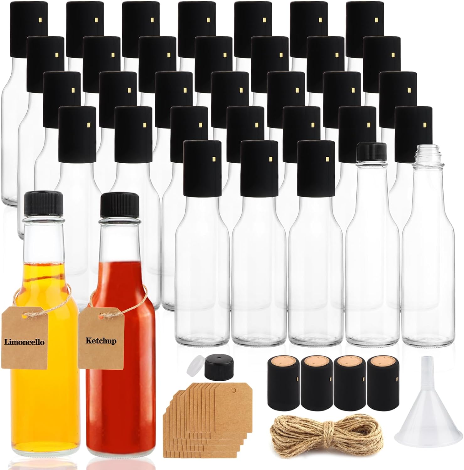 35 Pack 5oz Hot Sauce Bottles, Clear Glass Woozy Bottles with Leak Proof Black Screw Caps