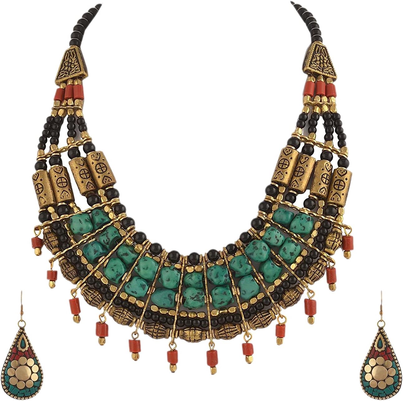 Zephyrr Fashion Junk Handmade Tibetan Multi Strand Choker Necklace Earrings Set