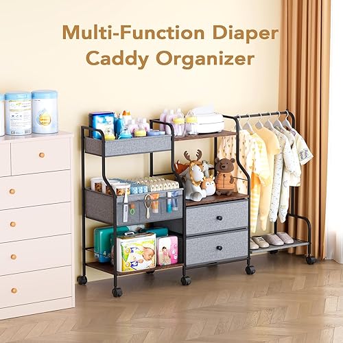 Miniatura 7 de BBLIKE Organizador de pañales con estante para colgar, carrito utilitario rodante de 3 niveles con cajones y divisores para almacenamiento