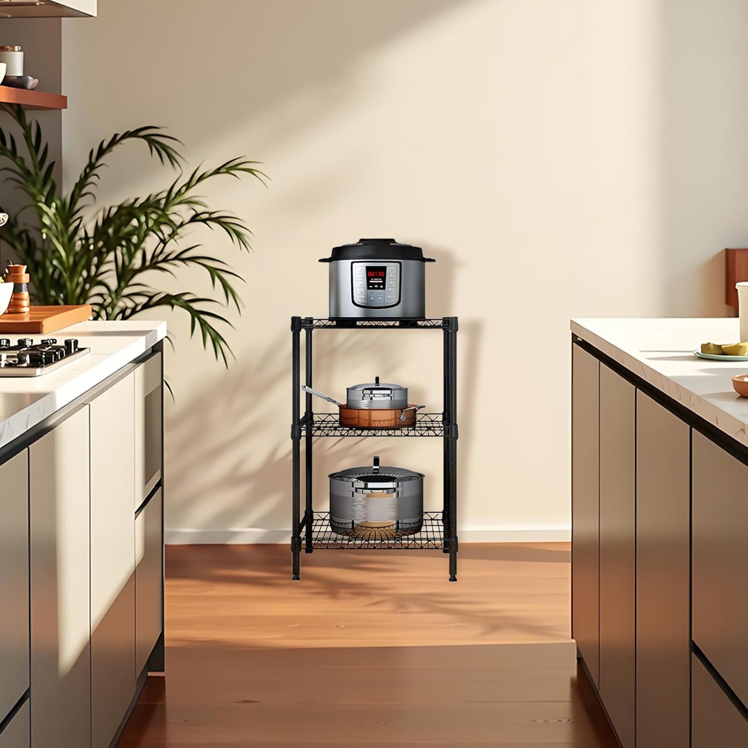 Heavy Duty Stainless Steel Kitchen Storage Rack, Adjustable Shelf Organizer with Non-Slip Mats, Black, for Cabinets, Countertops, Pantries (3-Tier Rack)