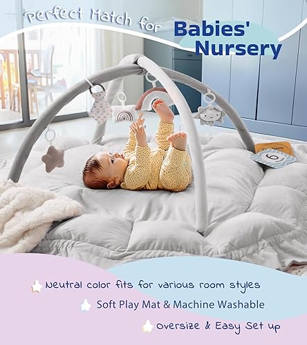 Miniatura 3 de Gimnasio convertible 5 en 1 para bebés, tapetes de juego para el suelo, tapete para el tiempo boca abajo con manta y 6 juguetes sensoriales, centro