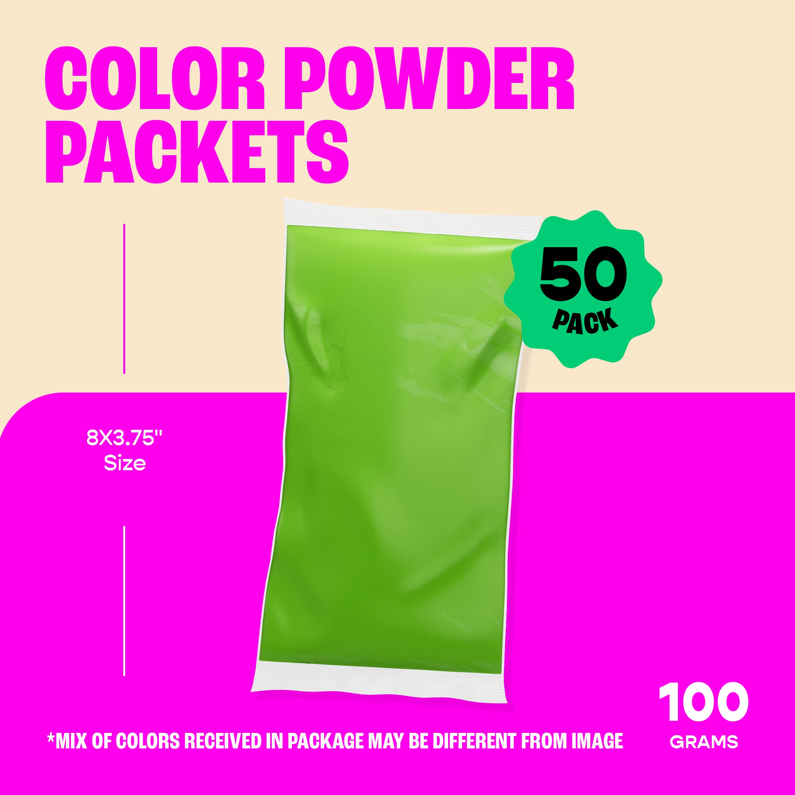 Chameleon Colors 100g Color Powder Packs - 50 Pack - 10 Vibrant Rainbow Colors in Clear Bags - Non-Toxic & Gluten-Free - for Holi, Color Wars, Fun Run, Gender Reveal & Summer Camp