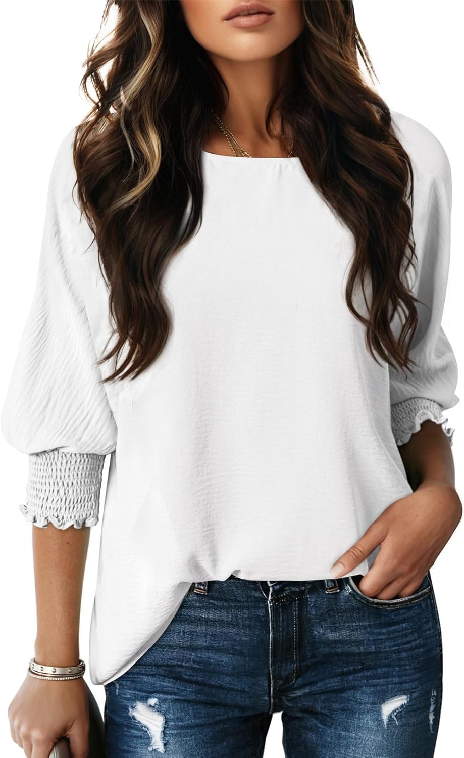 Dokotoo 3/4 Length Sleeve Womens Tops Dressy Casual Blouses Boat Neck Batwing Babydoll Top